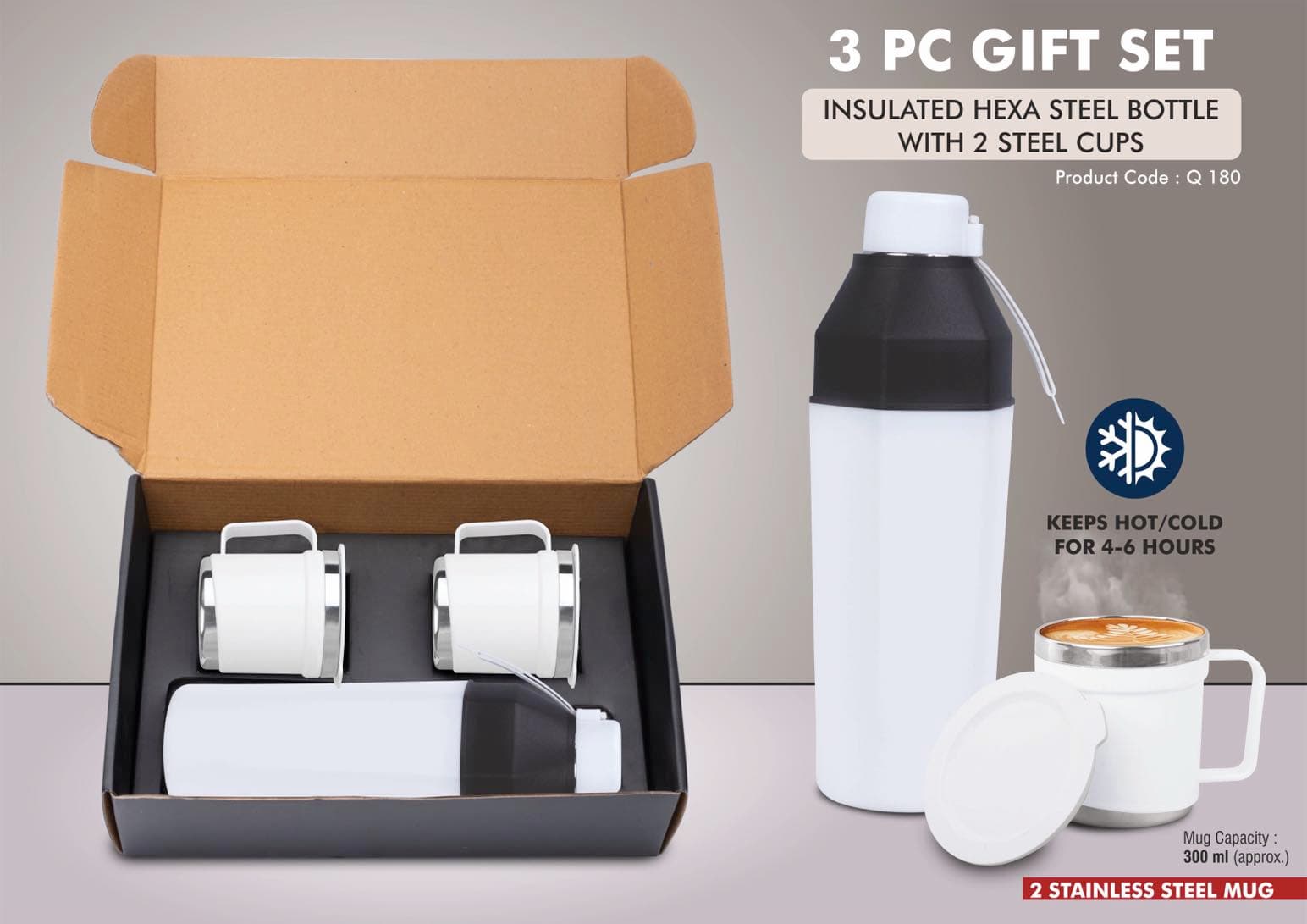 3 pc Gift Set : Insulated Square Steel bottle with 2 Steel cups