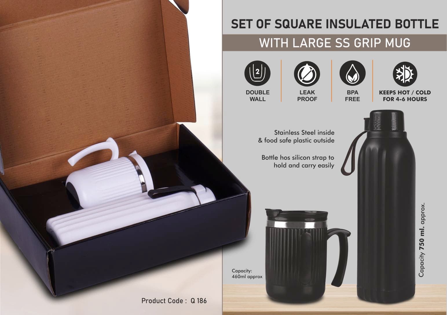Set of Square Insulated bottle with Large SS Grip mug