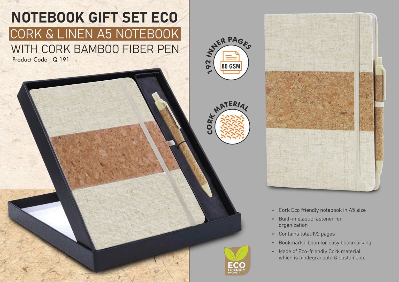 Notebook Gift set Eco: Cork & Linen A5 Notebook With Cork Bamboo Fiber Pen