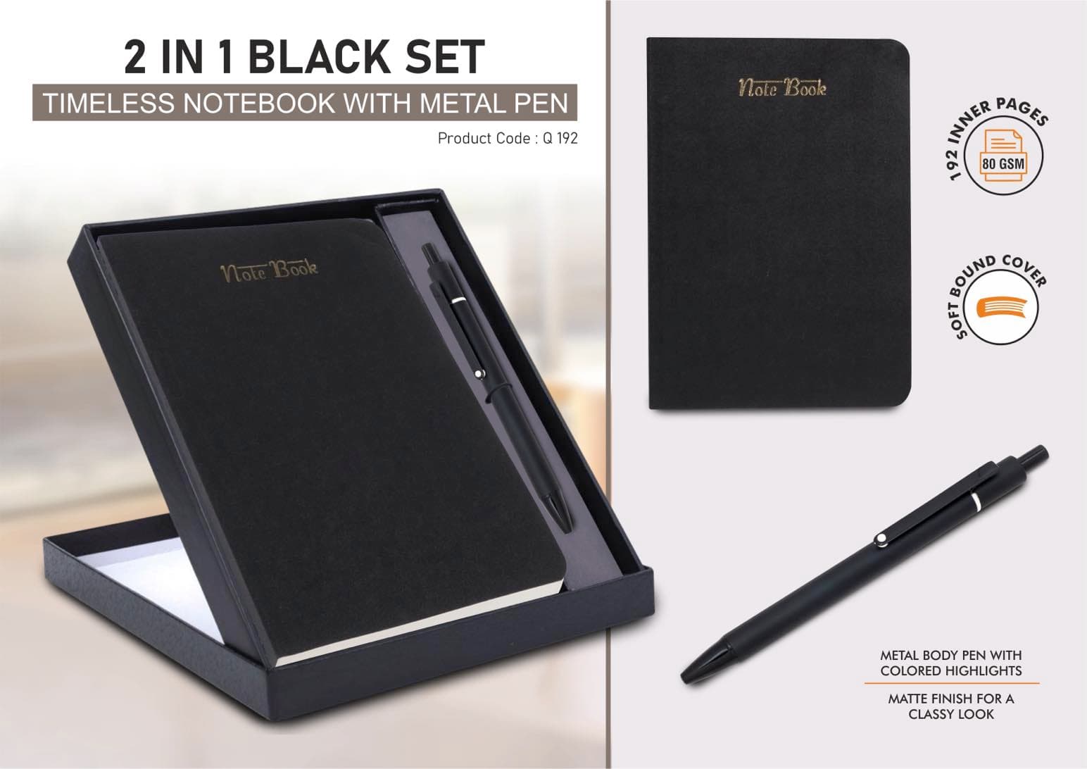 2 in 1 Black Set: Timeless notebook with Metal Pen in Folding Cardboard Box