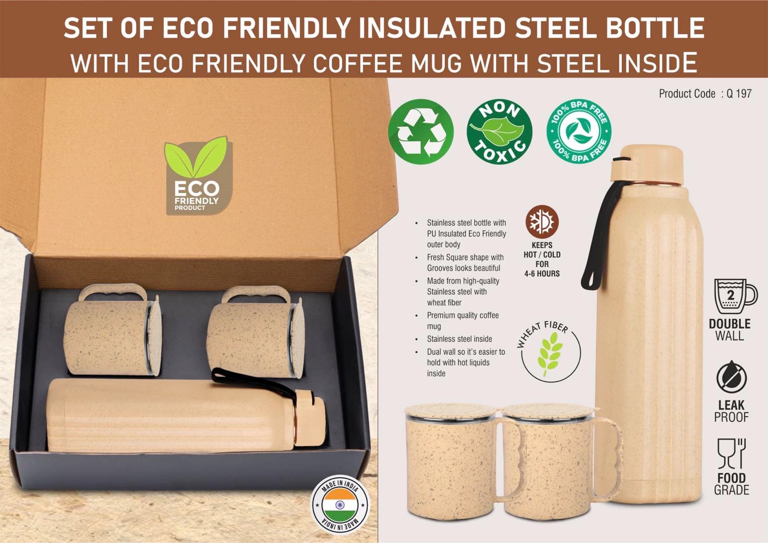 3 pc Eco Gift Set : Insulated Square Eco Steel bottle with 2 Eco Steel cups