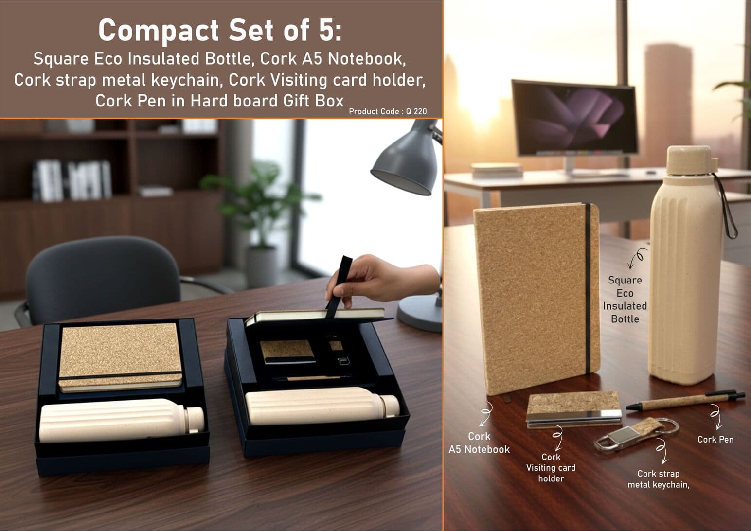 Compact Set of 5: Square Eco Insulated Bottle, Cork A5 Notebook, Cork strap metal keychain, Cork Visiting card holder, Cork Pen in Hard board Gift Box
