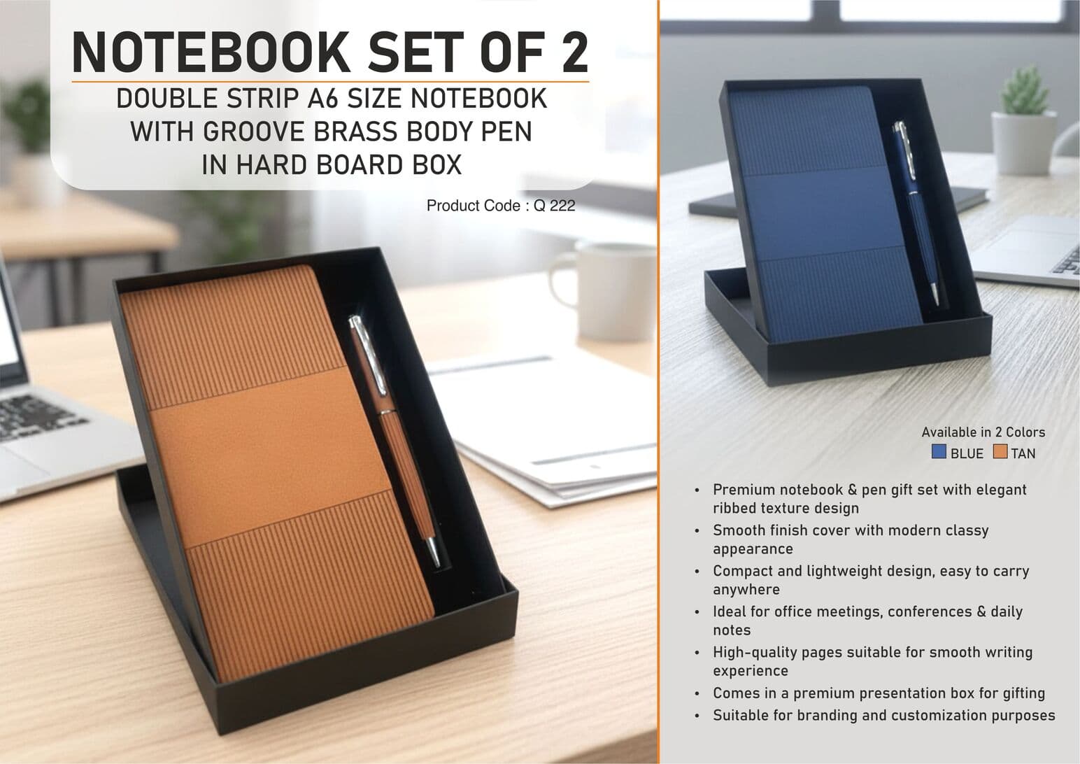 Notebook Set of 2: Double Strip A6 size Notebook, Groove Brass body pen in Hard board box