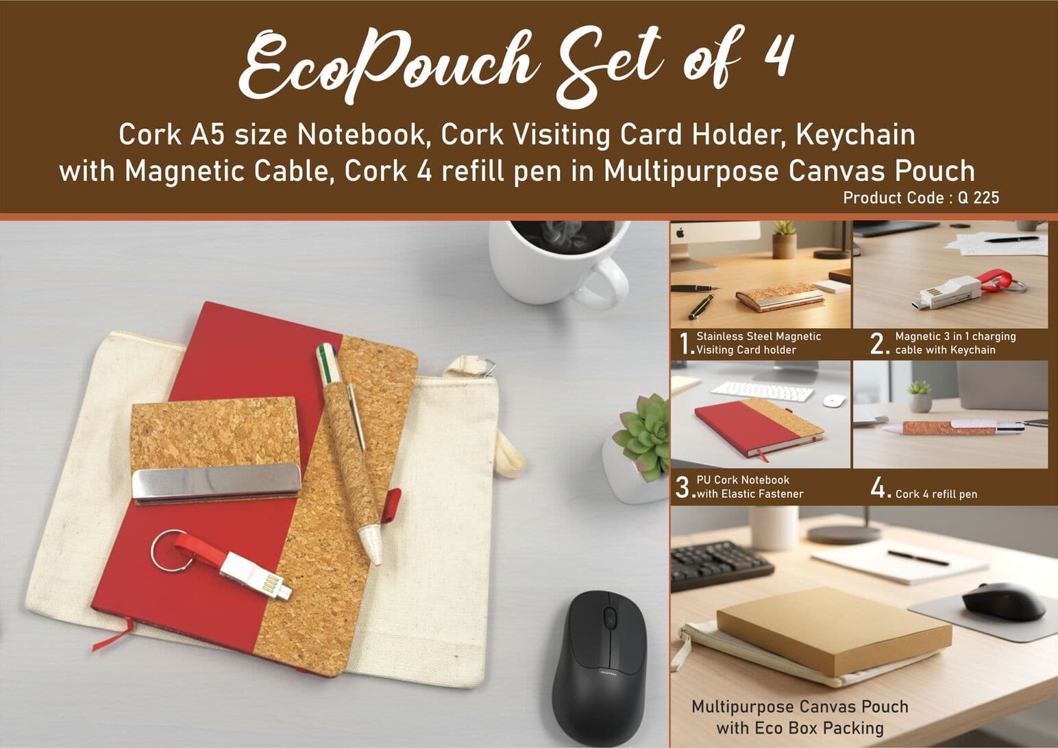 EcoPouch Set of 4: Cork Executive Kit in Multipurpose Canvas Pouch- Red edition
