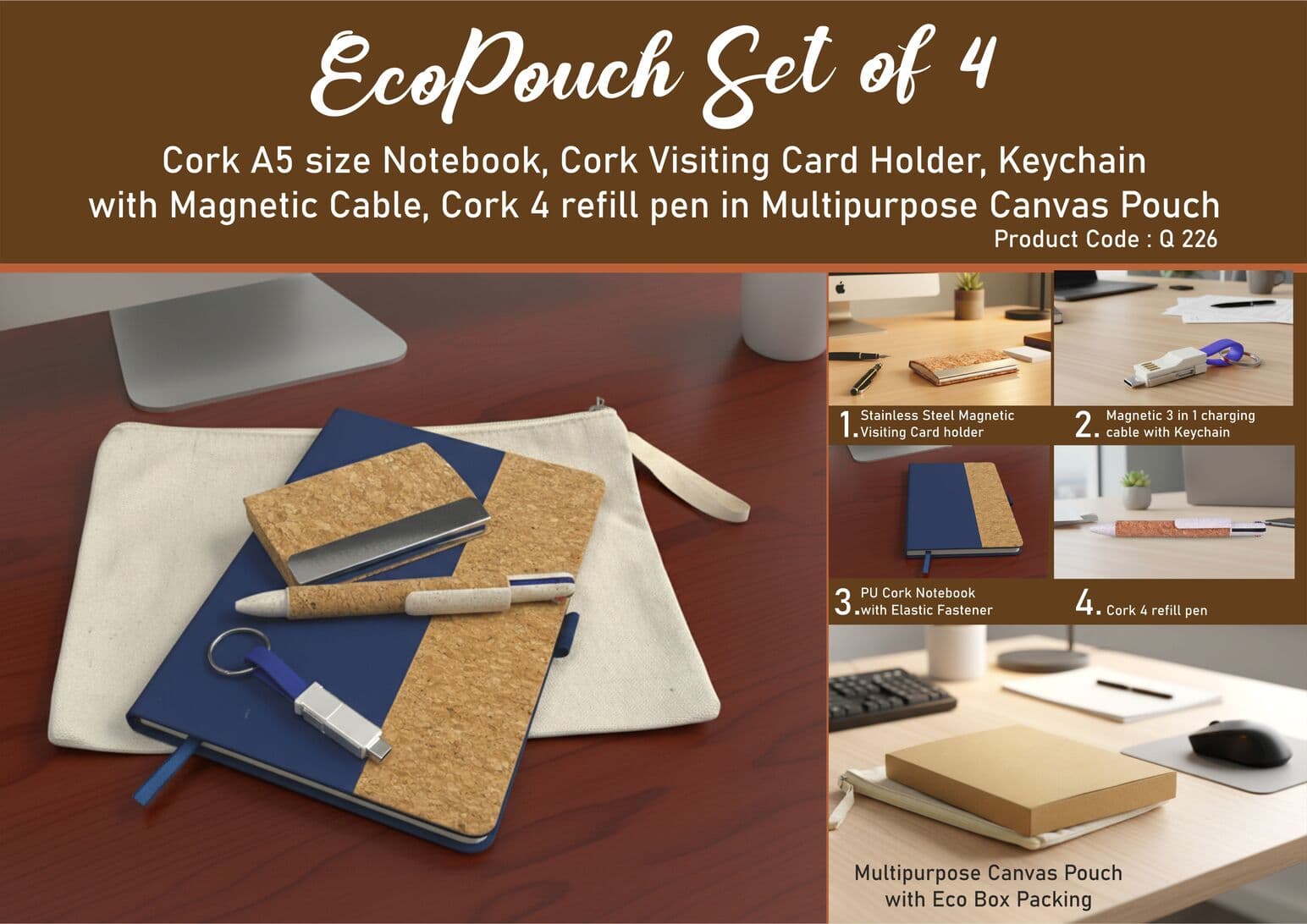 EcoPouch Set of 4: Cork Executive Kit in Multipurpose Canvas Pouch- Blue edition