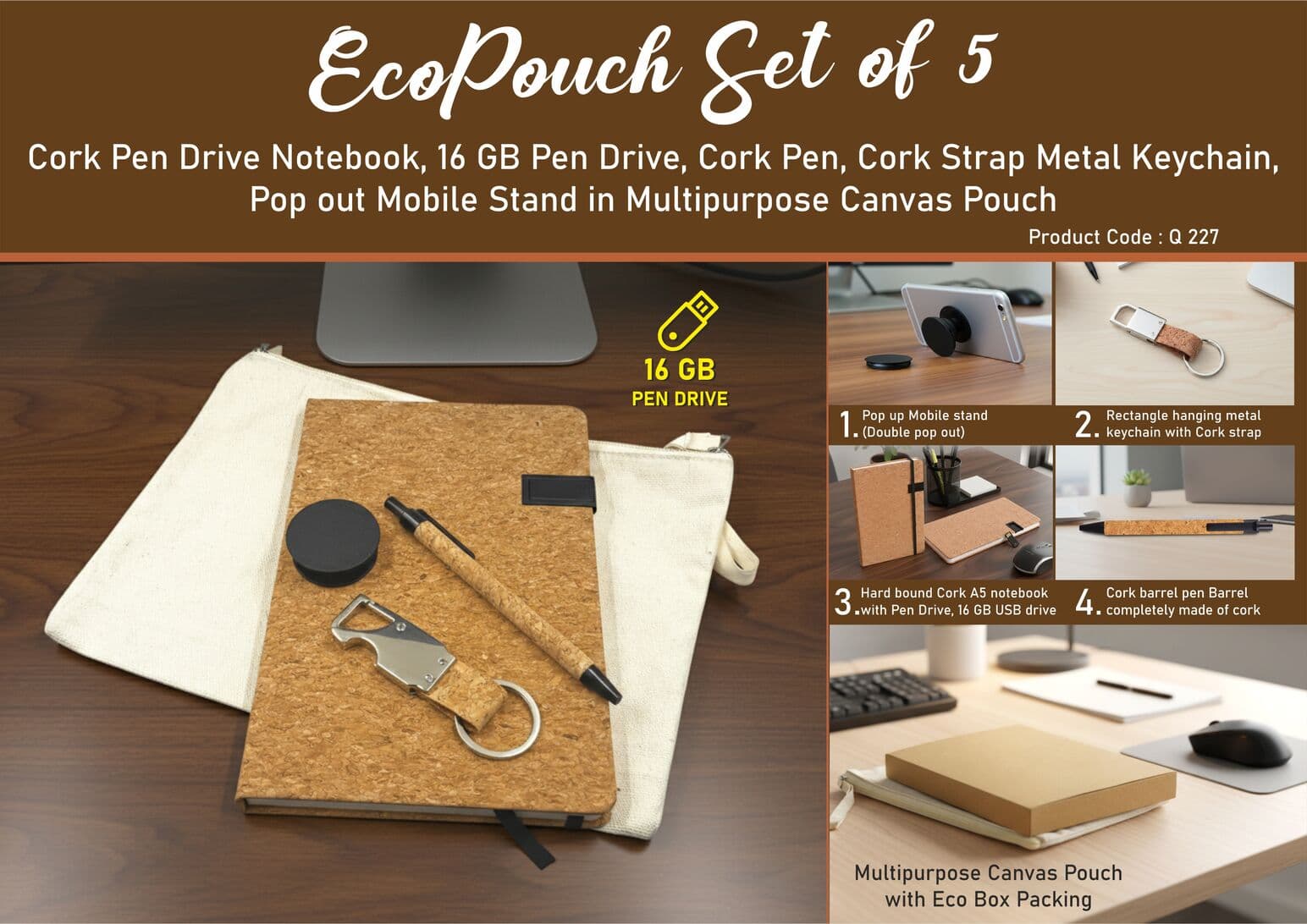 EcoPouch Set of 5: Cork Utility Pro Kit in Multipurpose Canvas Pouch