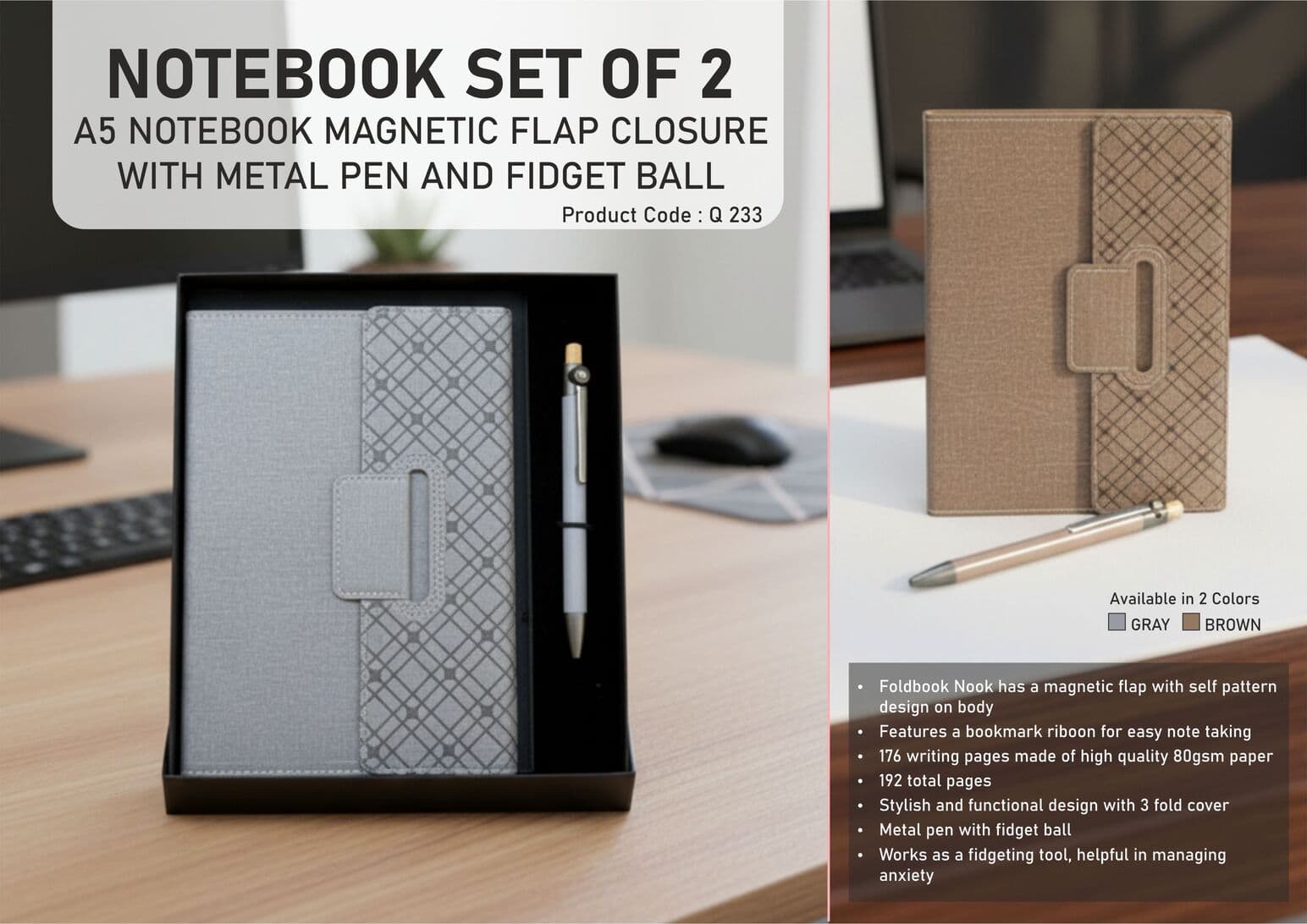 Notebook Set of 2: Magnetic 3 Fold Nook Notebook, Metal Pen with Fidget ball in in Hard board box