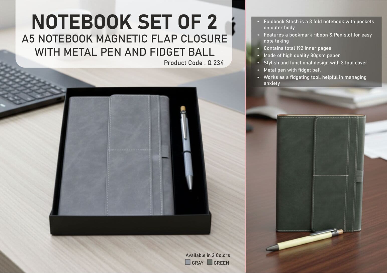 Notebook Set of 2: Magnetic 3 Fold Notebook, Metal Pen with Fidget ball in in Hard board box