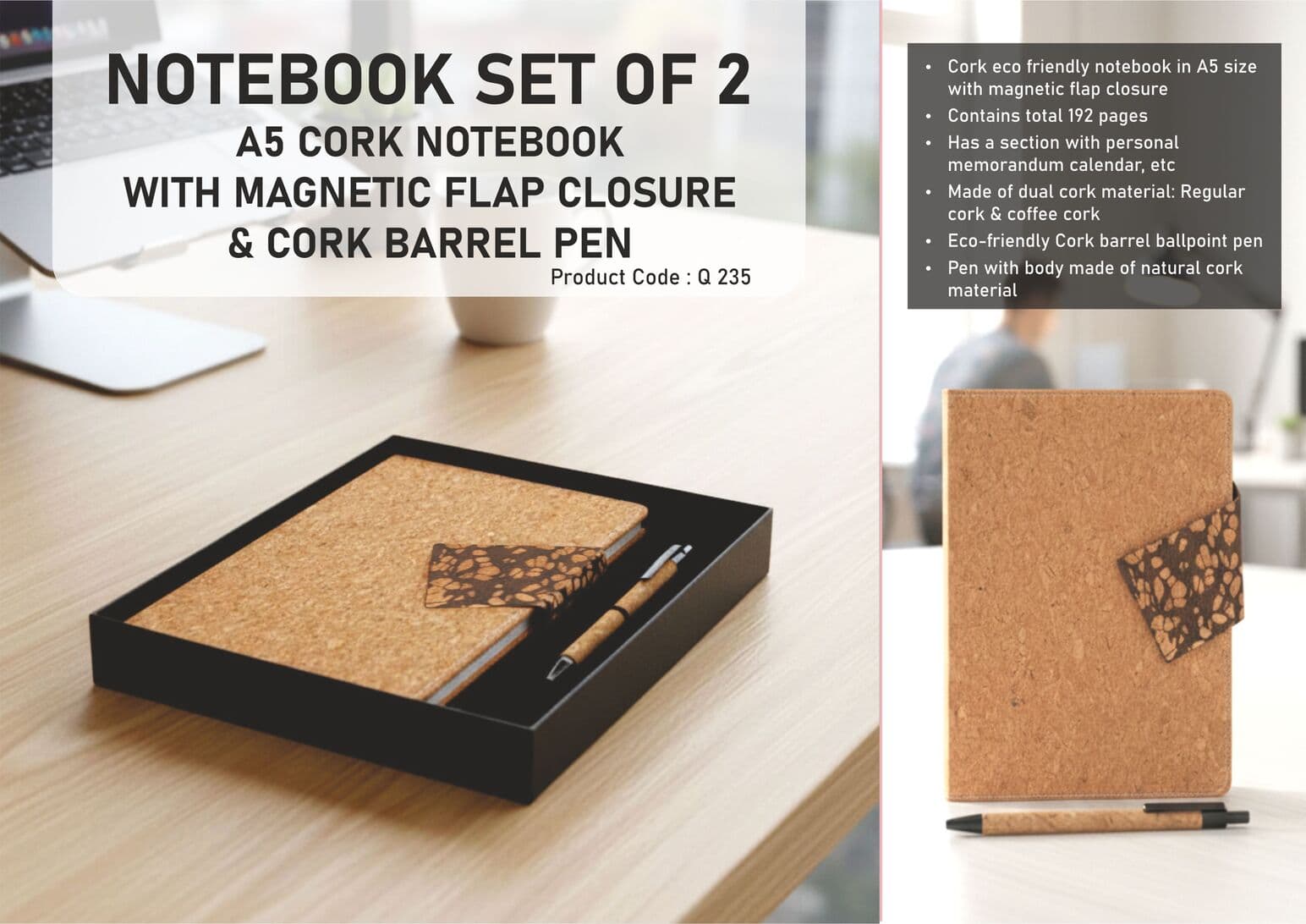 Notebook Set of 2: Cork Duo notebook with Magnetic Flap, Cork Pen in in Hard board box