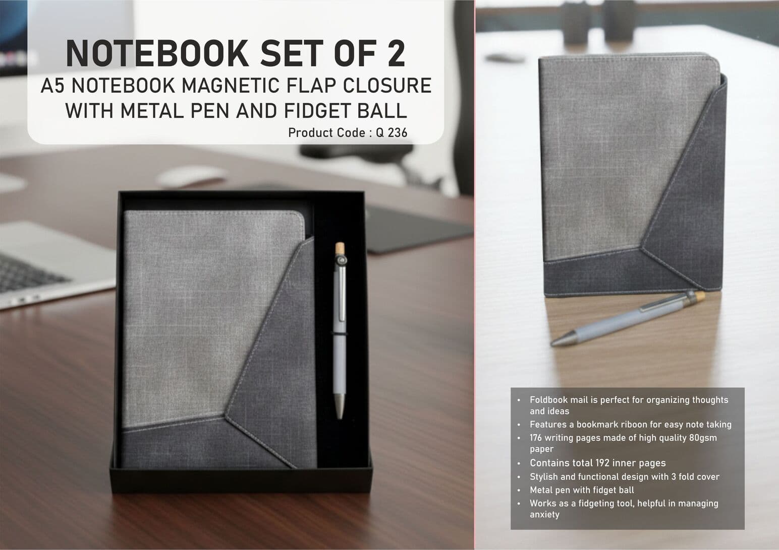 Notebook Set of 2: Magnetic 3 Fold Mail Notebook, Metal Pen with Fidget ball in in Hard board box