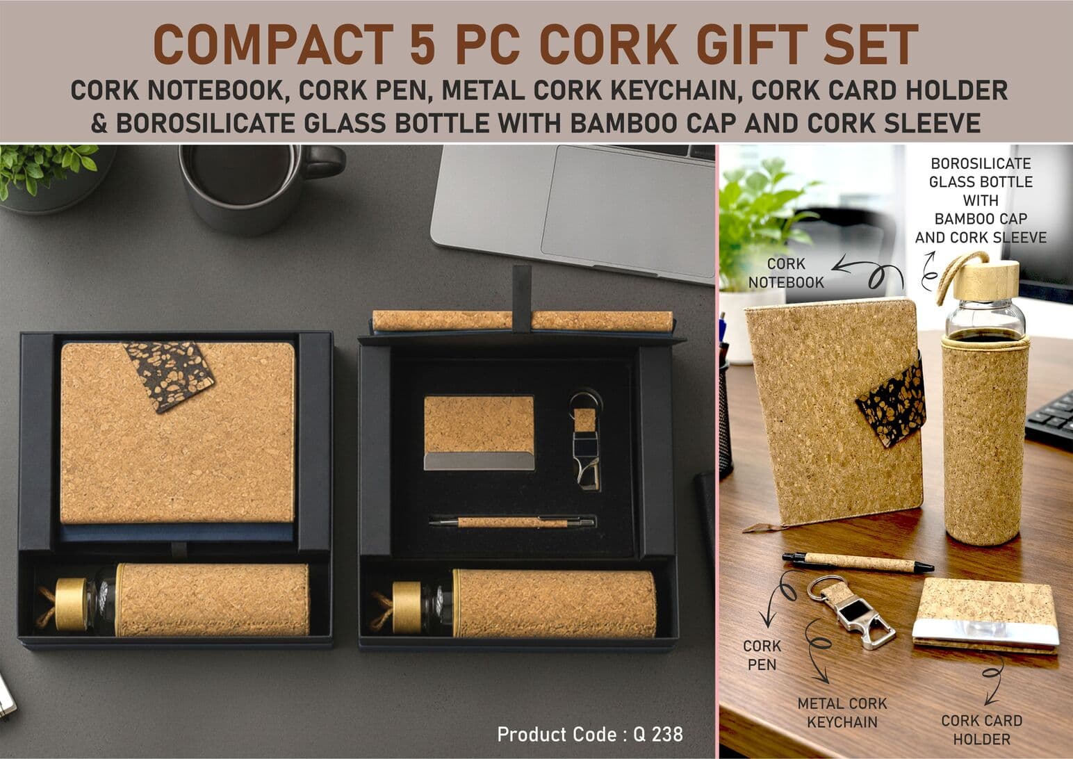 Compact Set of 5: Cork Duo notebook with Magnetic Flap, Glass bottle with Cork sleeve, Cork Pen, Cork Keychain with opener, Cork Visiting card holder in Hard board Gift Box