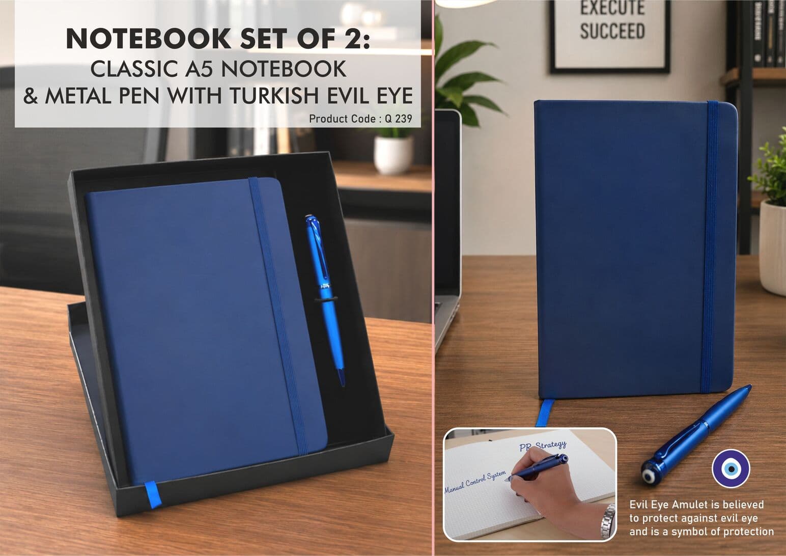 Notebook Set of 2: Classic A5 Notebook, Turkish Evil Eye Good luck pen in in Hard board box