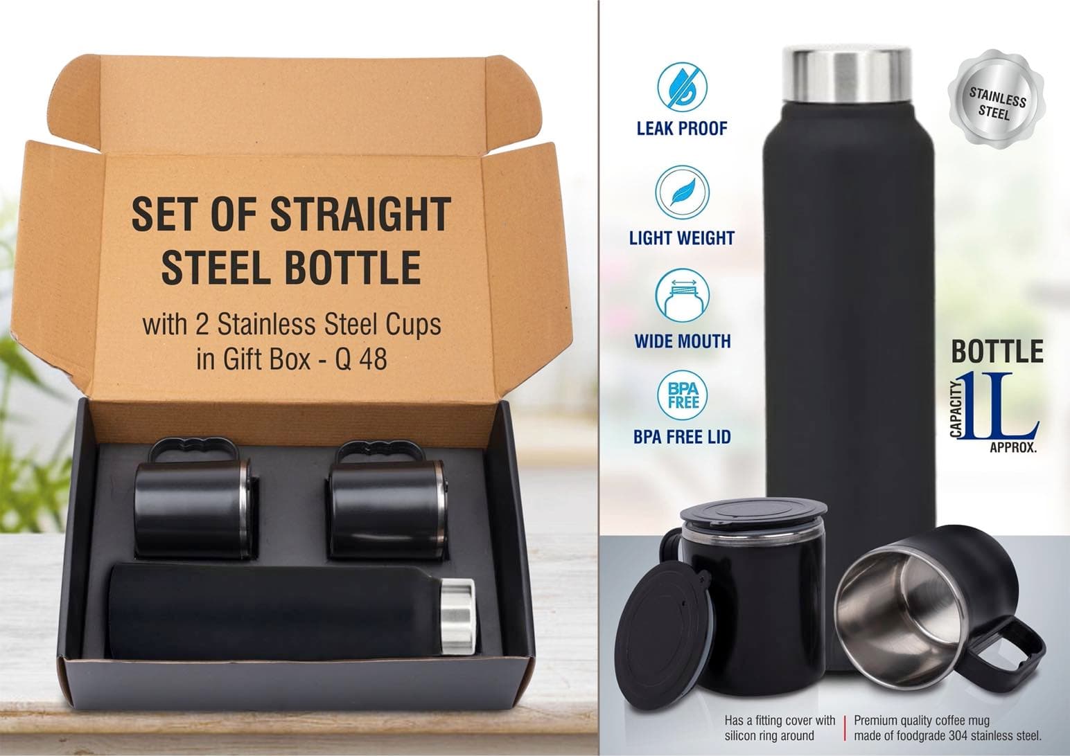Set of Black Stainless Steel Bottle with 2 Stainless steel cups in Gift box