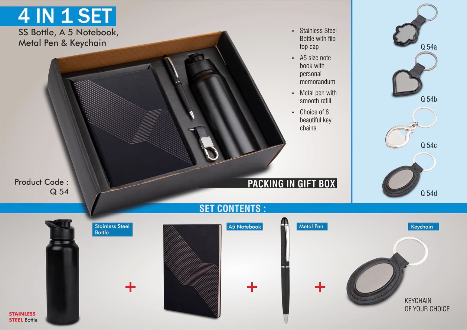4 in 1 set: Stainless Steel bottle, metal pen, Metal keychain, A5 notebook