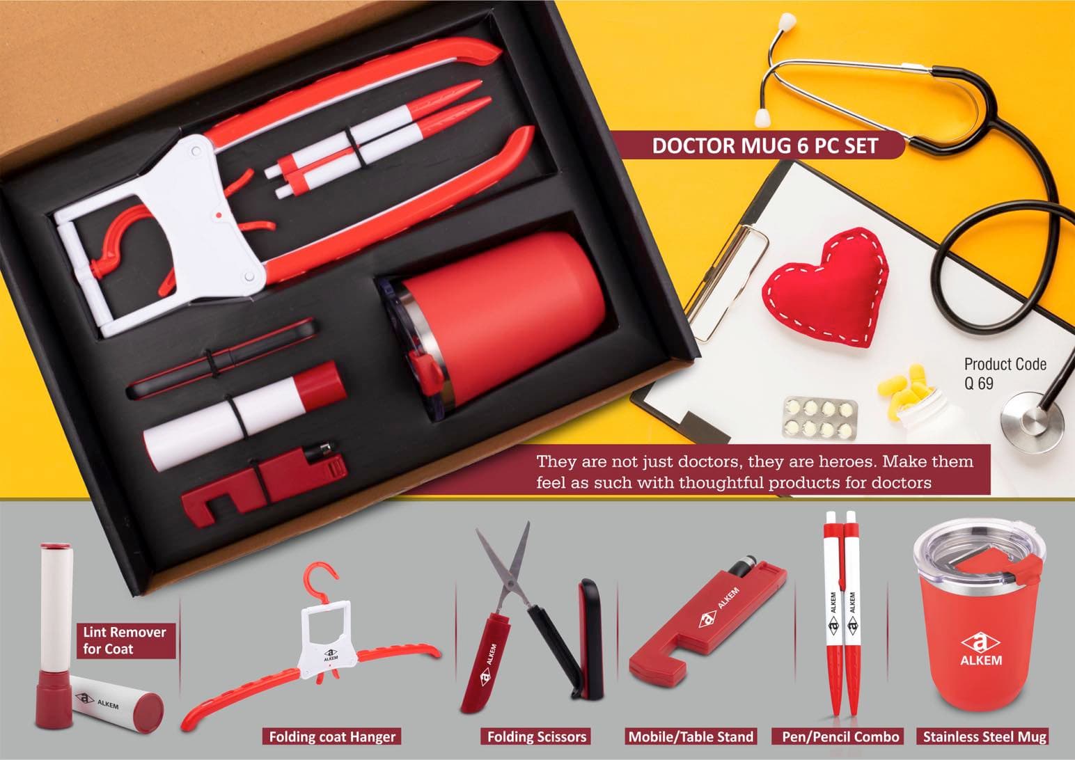 Doctor Mug set: Folding Coat hanger, Lint remover, Folding scissors, Mobile/Tablet stand, Pen/Pencil combo, Stainless steel mug