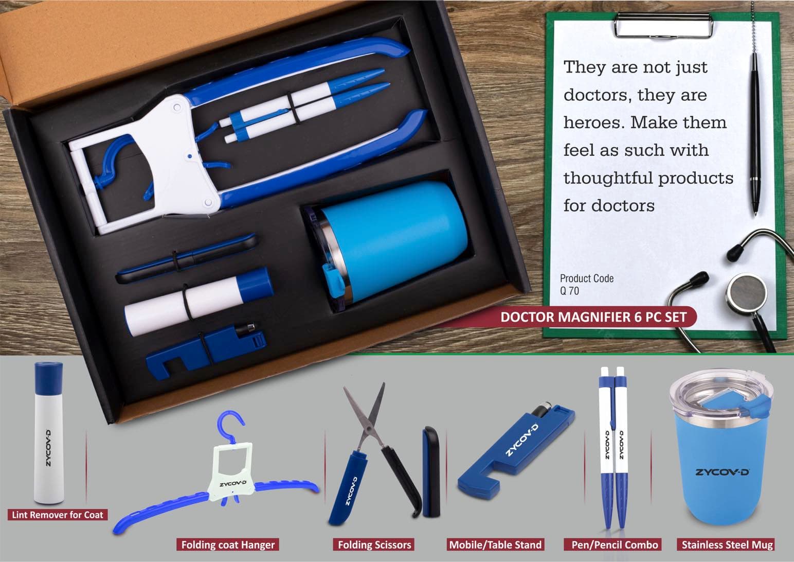 Doctor Mug set: Folding Coat hanger, Lint remover, Folding scissors, Mobile/Tablet stand, Pen/Pencil combo, Stainless steel mug