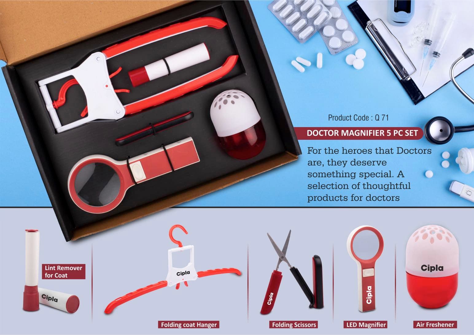 Doctor Magnifier set: Folding Coat hanger, Lint remover, Folding scissors, LED Magnifier, Capsule shape Air freshener