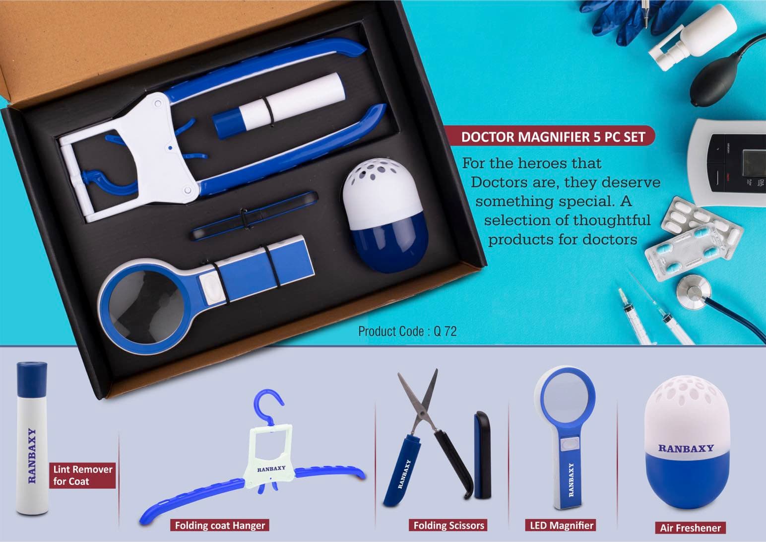 Doctor Magnifier set: Folding Coat hanger, Lint remover, Folding scissors, LED Magnifier, Capsule shape Air freshener