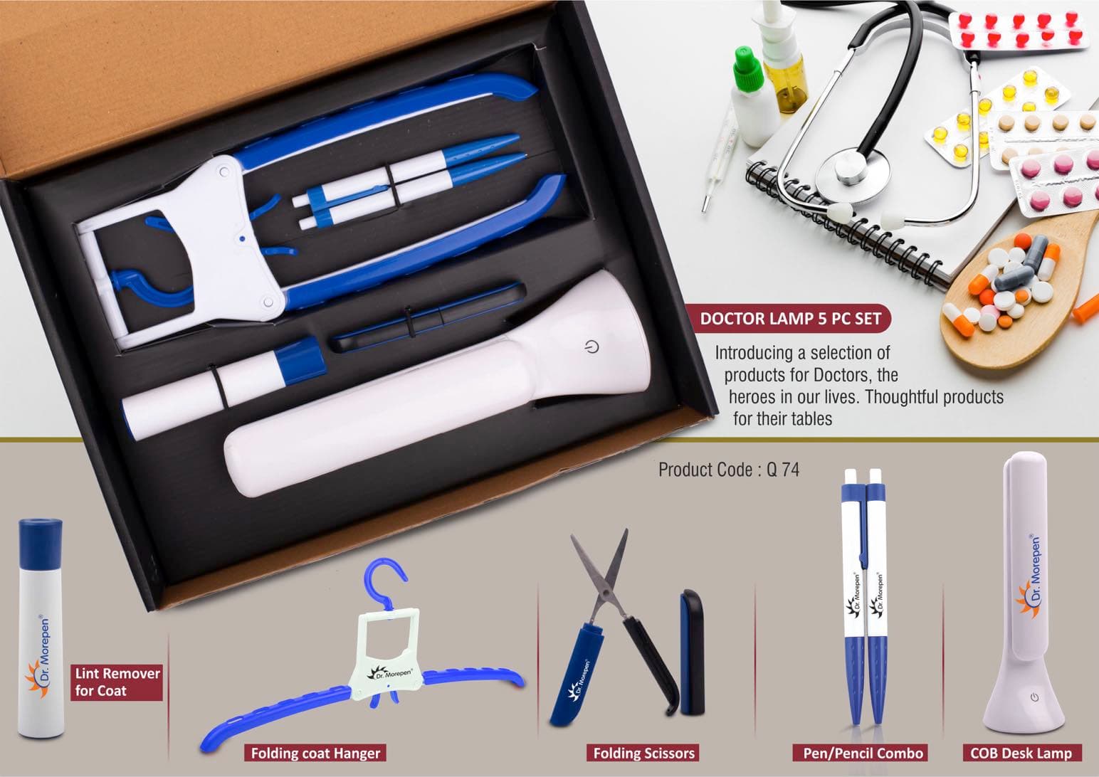 Doctor Lamp set: Folding Coat hanger, Lint remover, Folding scissors, Pen/Pencil combo, COB Desk lamp