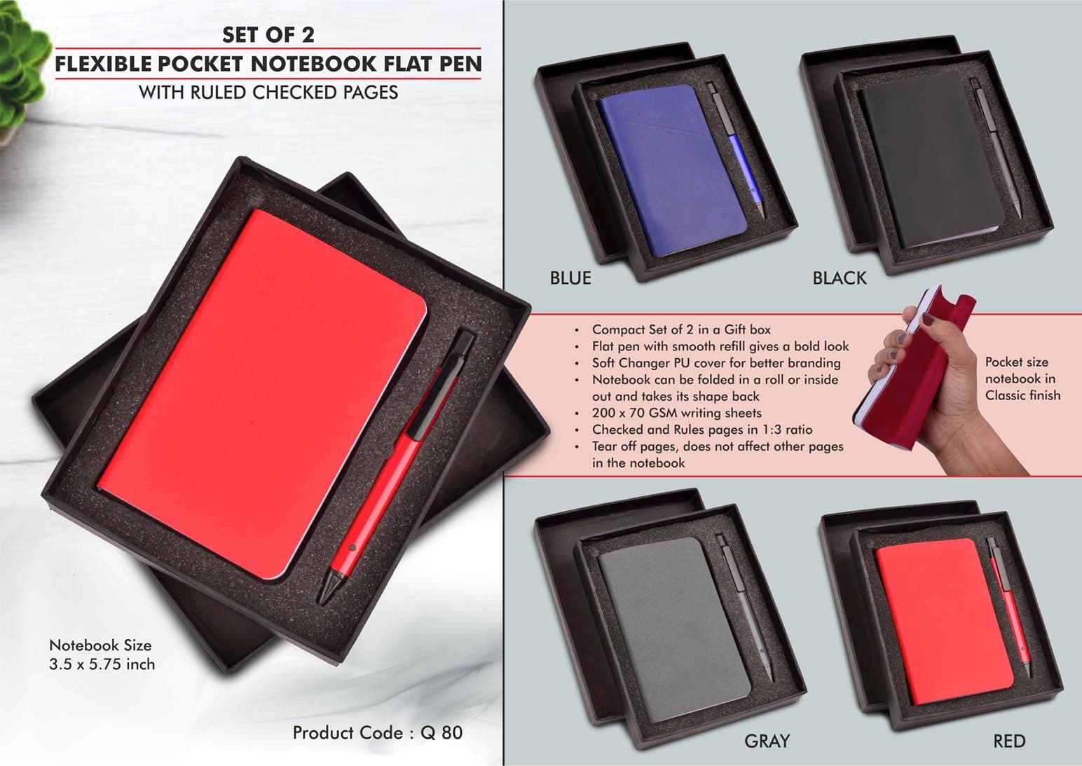 Set of 2: Flexible Pocket A6 Notebook with Ruled & Checked pages with Flat Pen