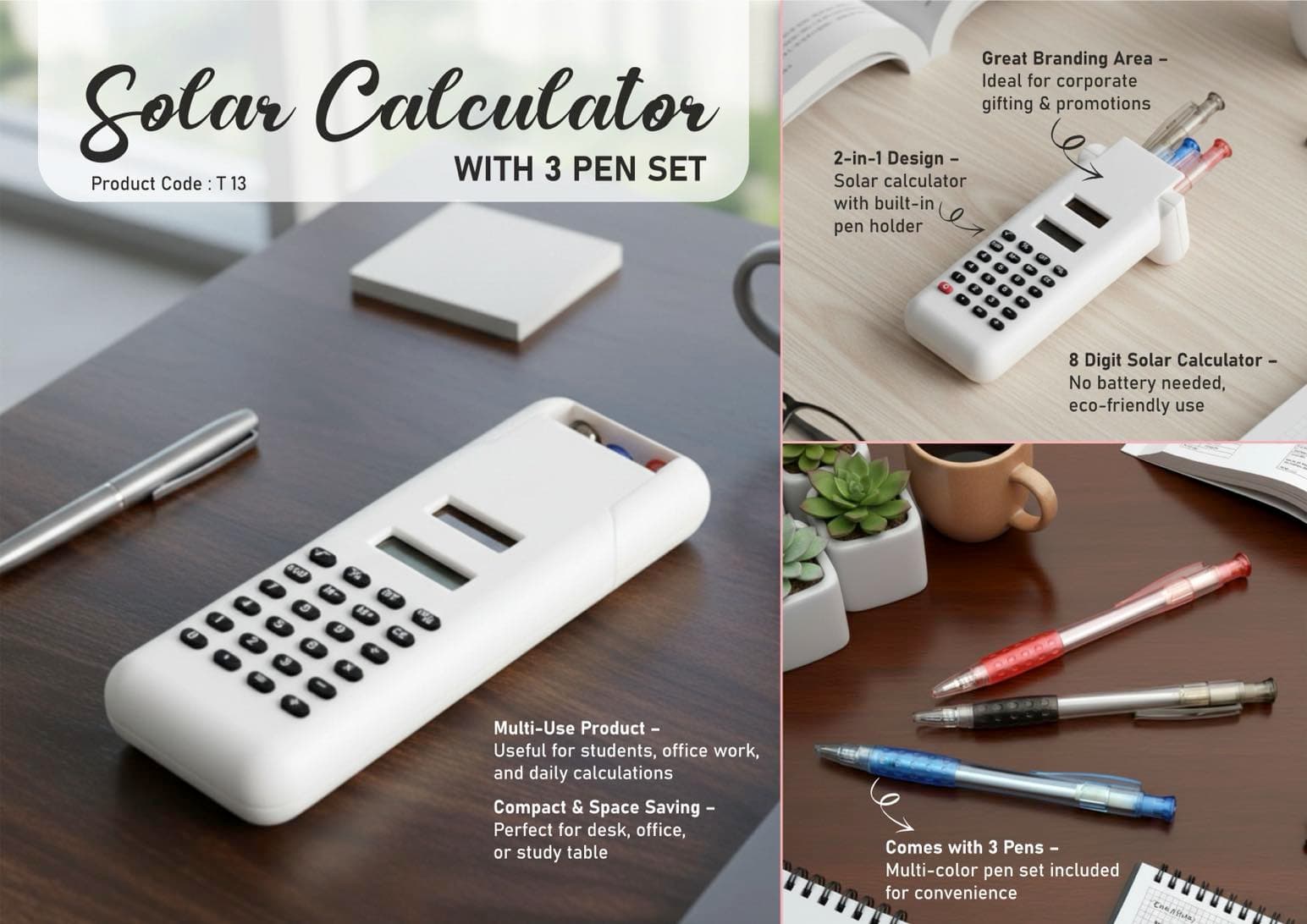 Solar calculator with 3 pen set