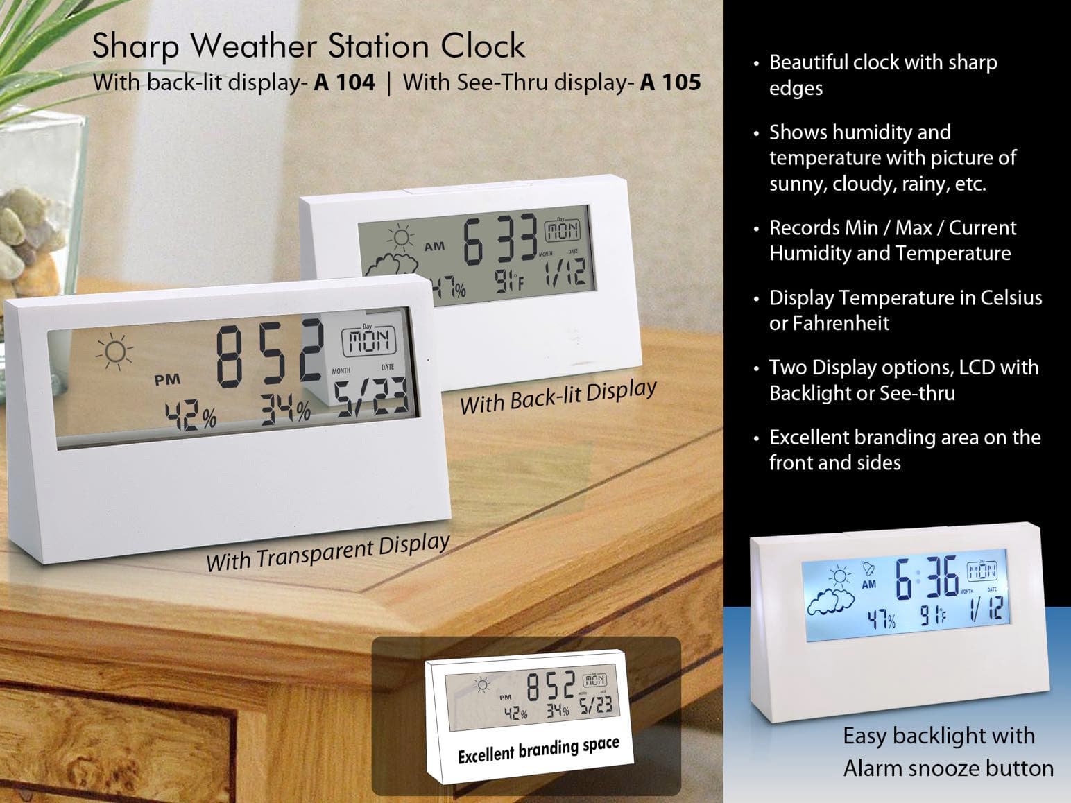 Sharp weather station clock with see-thru display