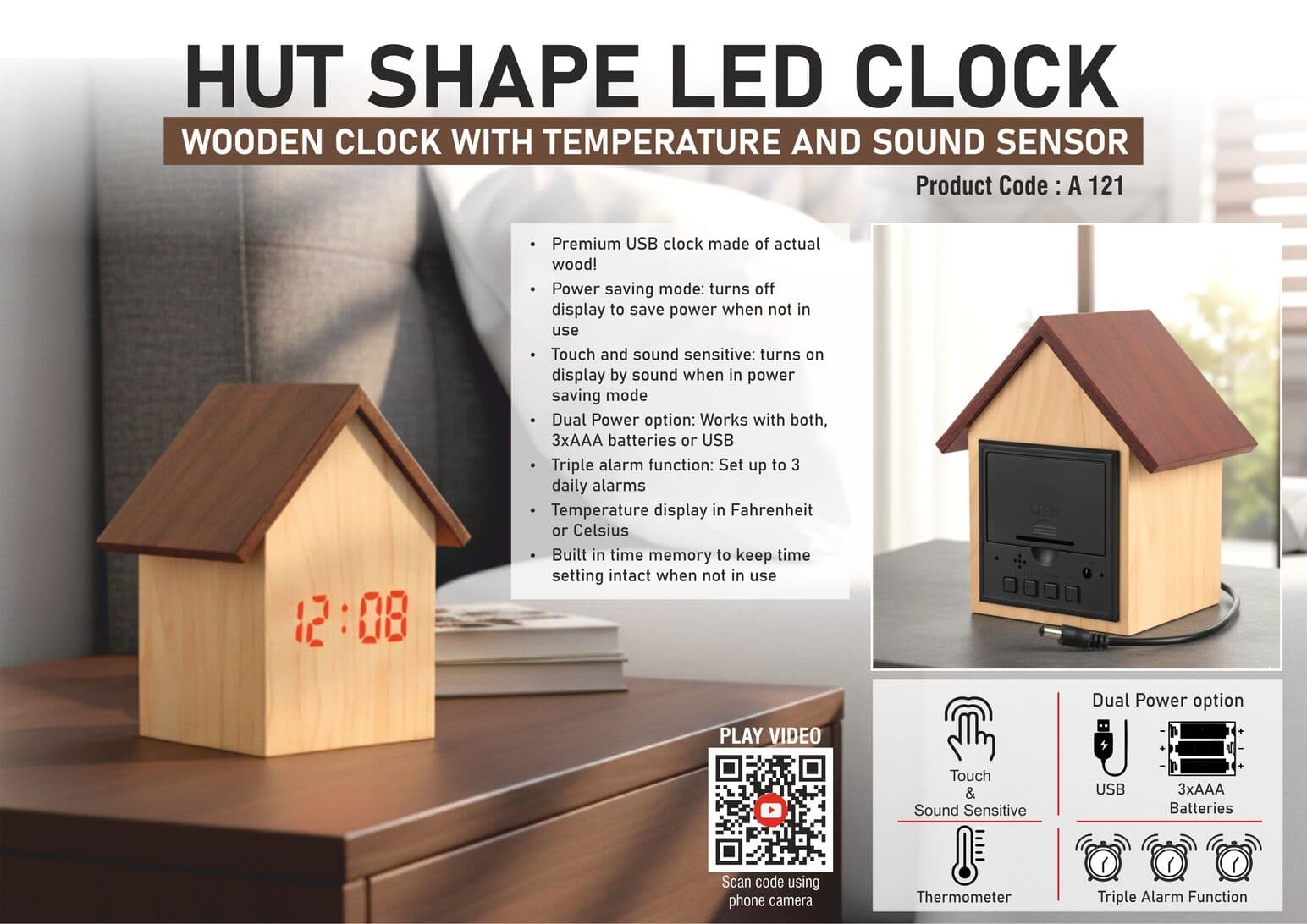 Hut shape wooden LED clock with temperature and sound sensor