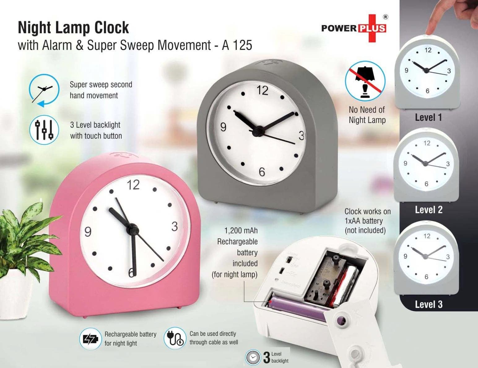 Night lamp clock with Alarm and Super Sweep movement
