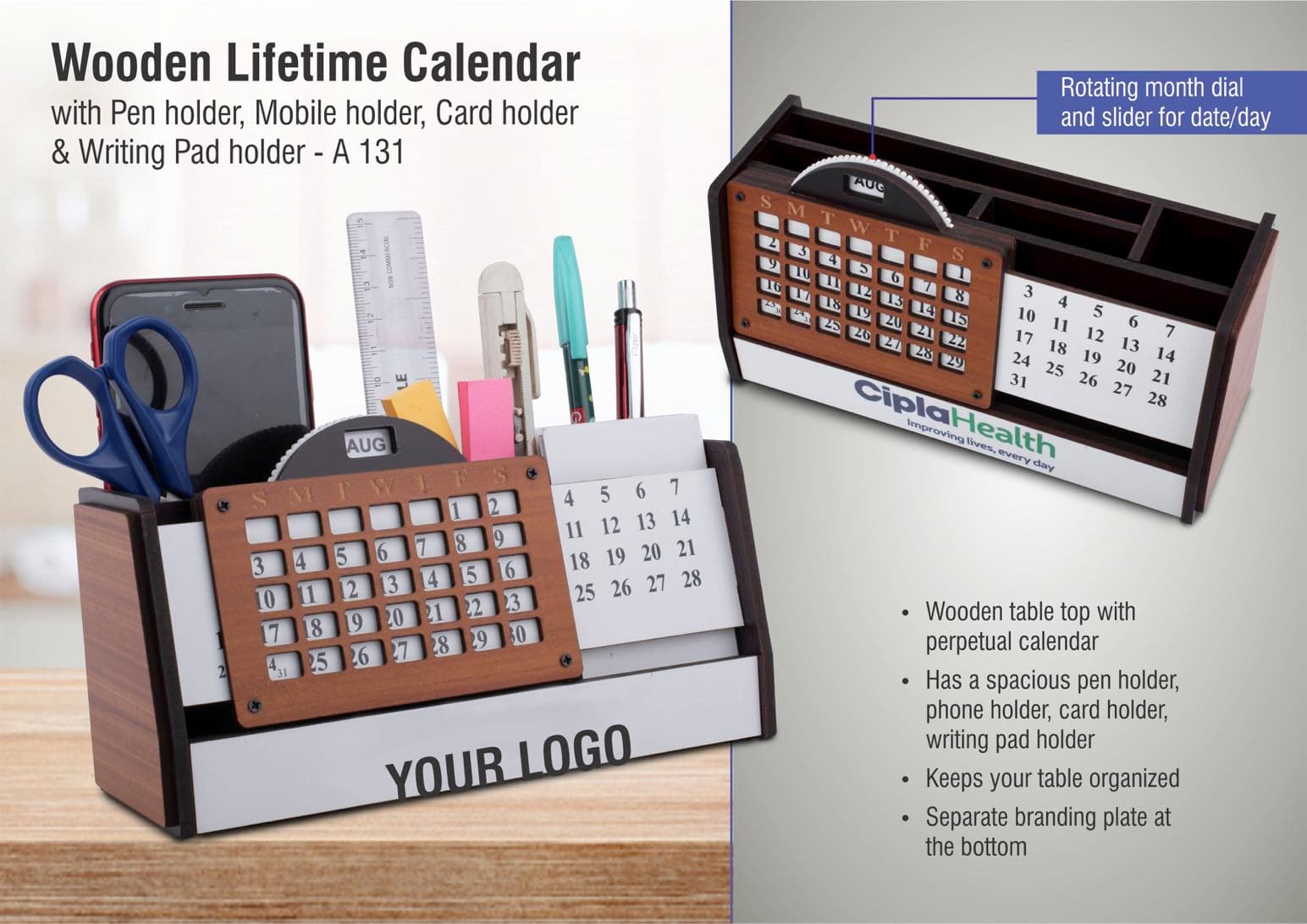 Wooden Lifetime calendar with Pen holder, Mobile holder, Card holder and Writing Pad holder