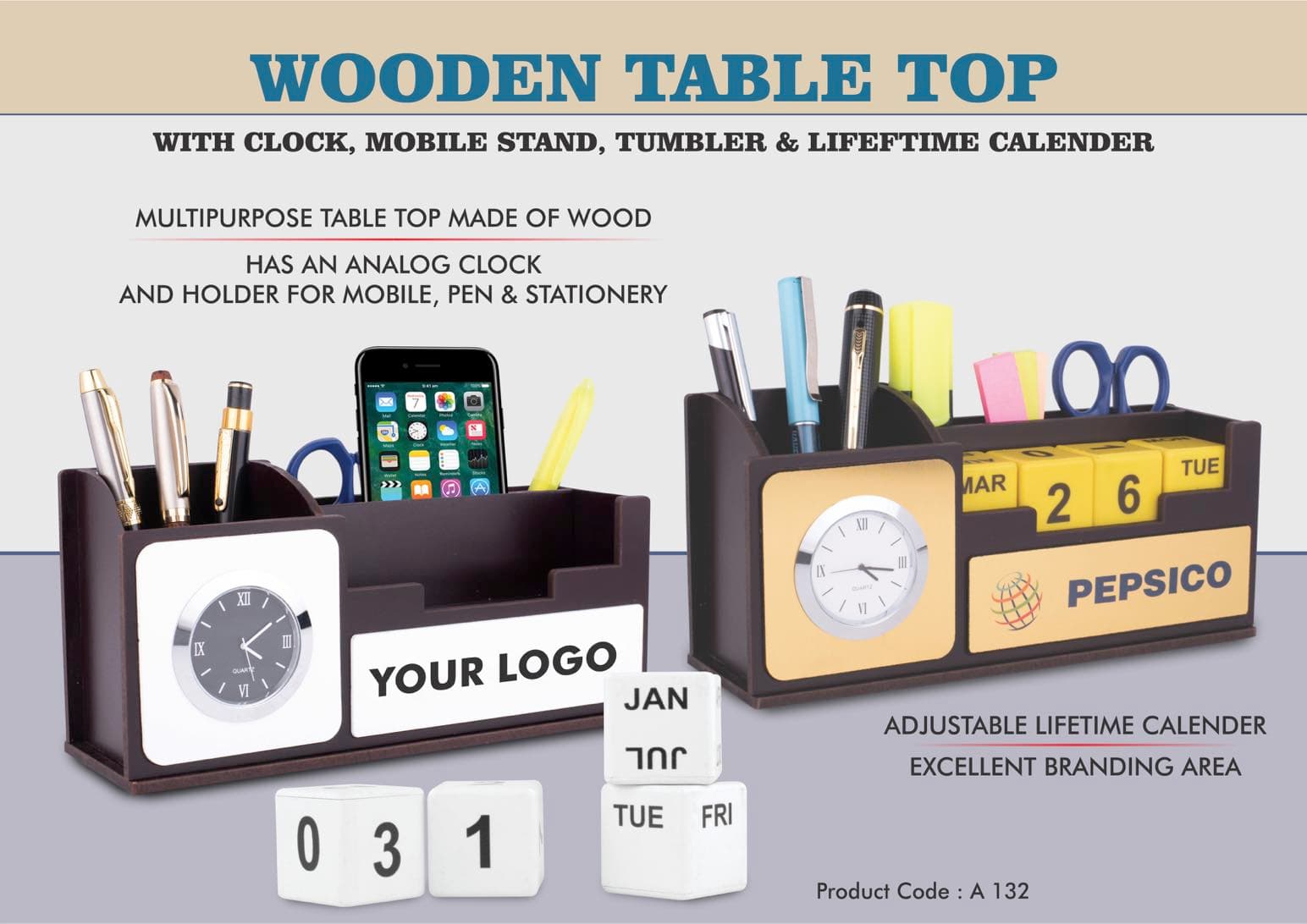 Wooden Table top with Clock, mobile stand, tumbler, and Lifetime Calendar