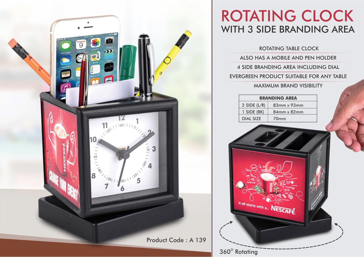 Rotating clock with 3 side branding area