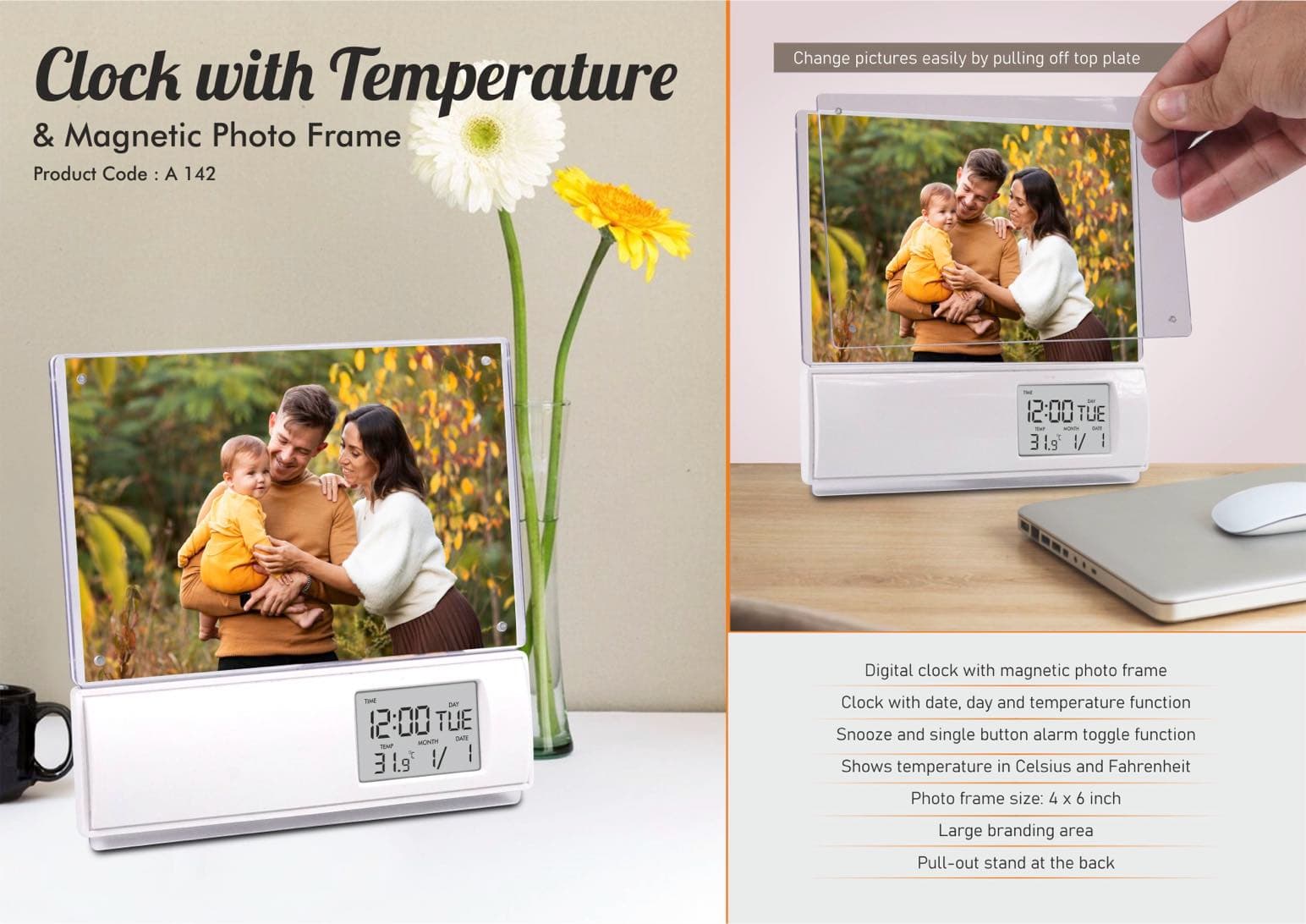 Clock with Temperature and Magnetic photo frame