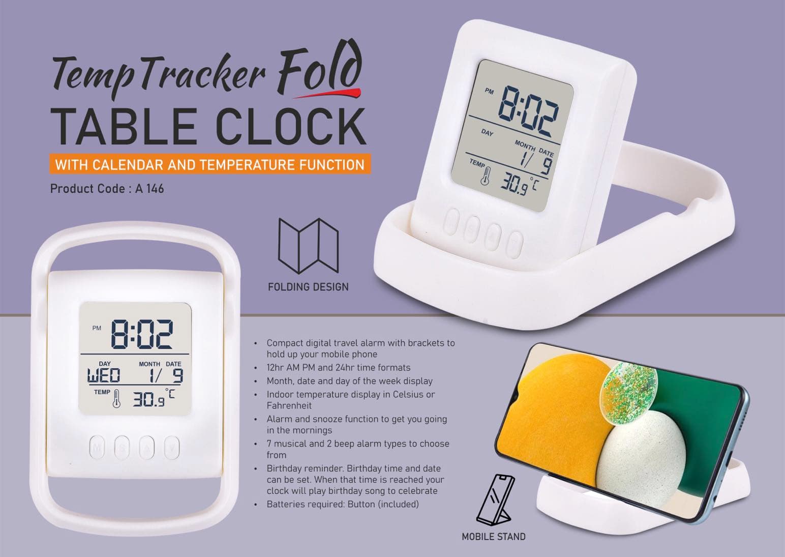 TempTracker Fold: Table Clock with Calendar and Temperature function