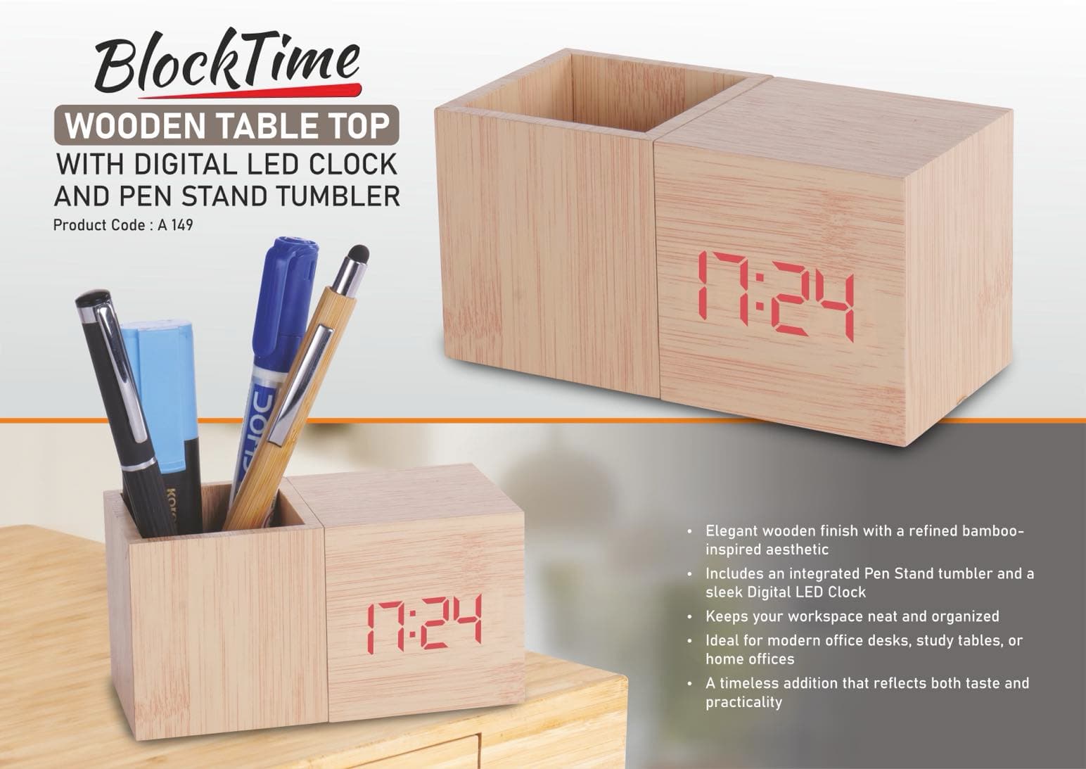 BlockTime: Wooden Table Top with Digital LED Clock and Pen Stand tumbler
