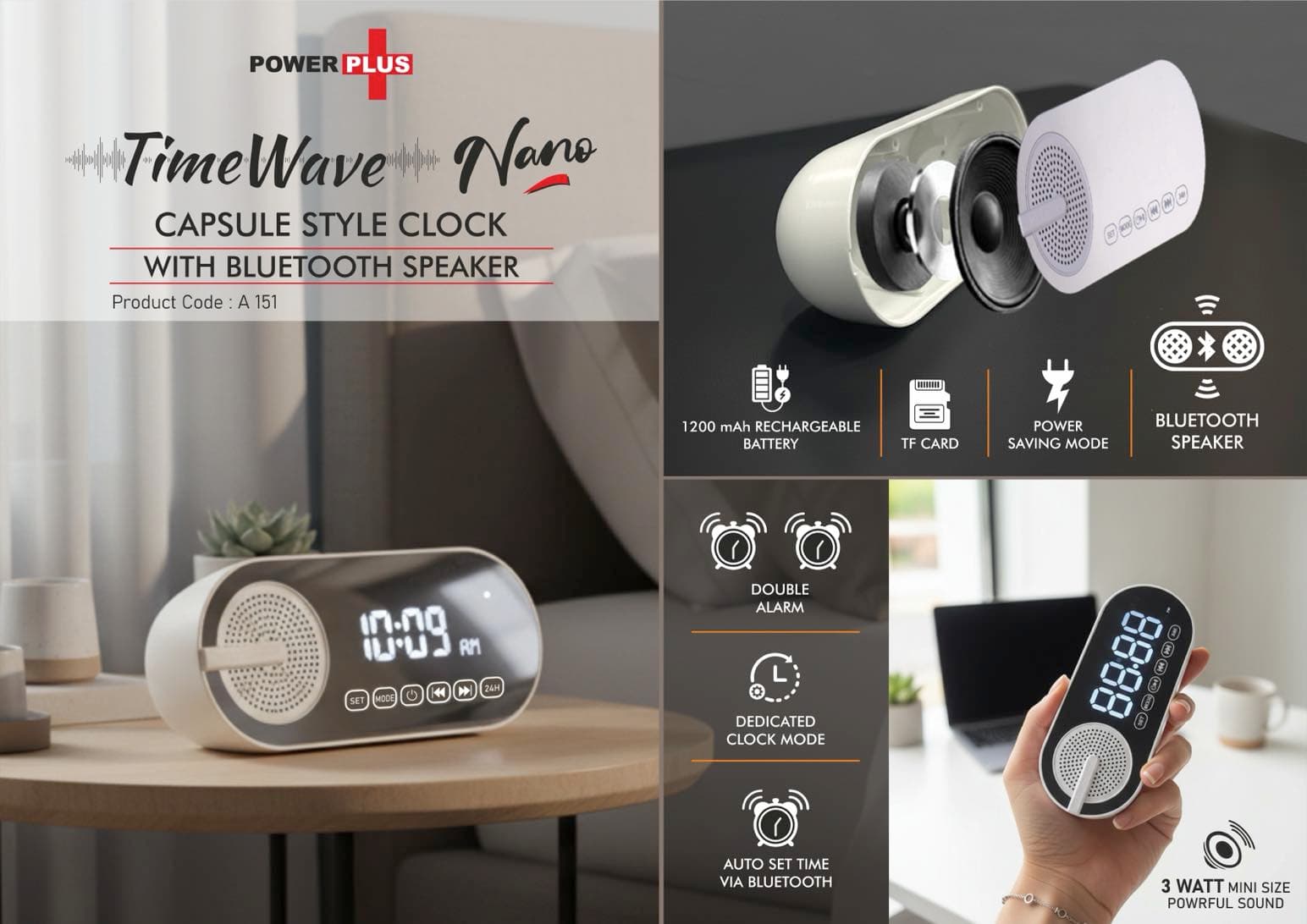 TimeWave Nano: Capsule style clock with Bluetooth speaker