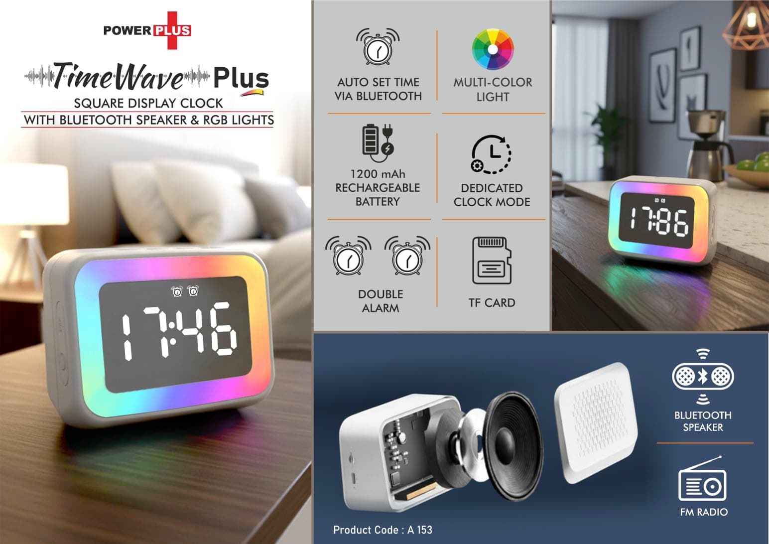 TimeWave Plus: Square display clock with Bluetooth speaker & RGB Lights