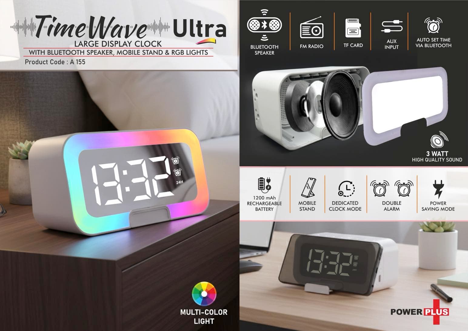 TimeWave Ultra: Large Clock with Bluetooth speaker, Mobile Stand & RGB Lights