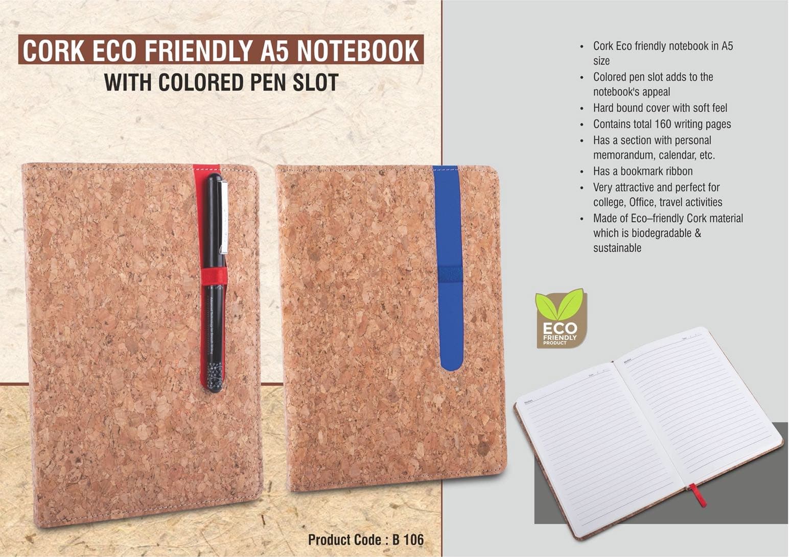Cork Eco friendly A5 notebook with Colored pen slot