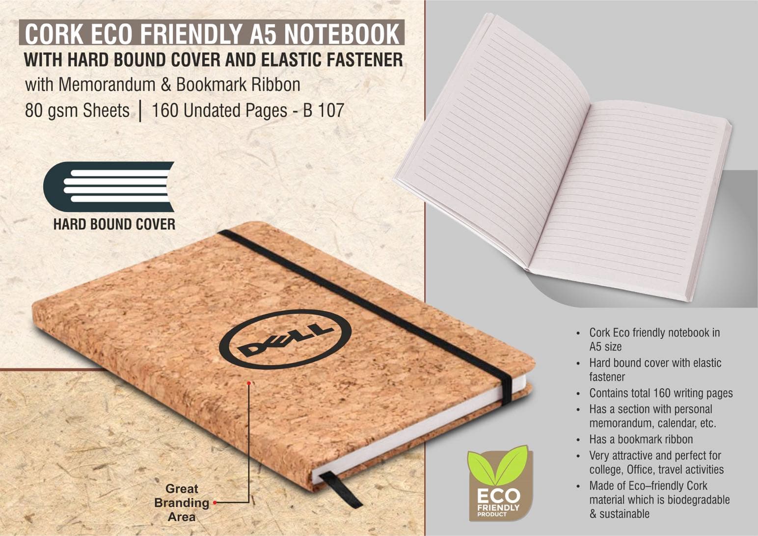 Cork Eco friendly A5 notebook with Hard bound cover and Elastic fastener