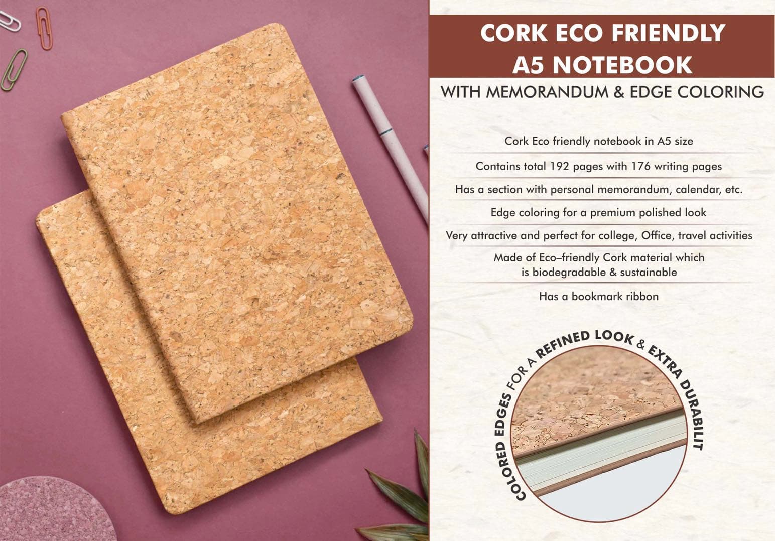 Cork Eco friendly A5 notebook with Memorandum & Edge coloring