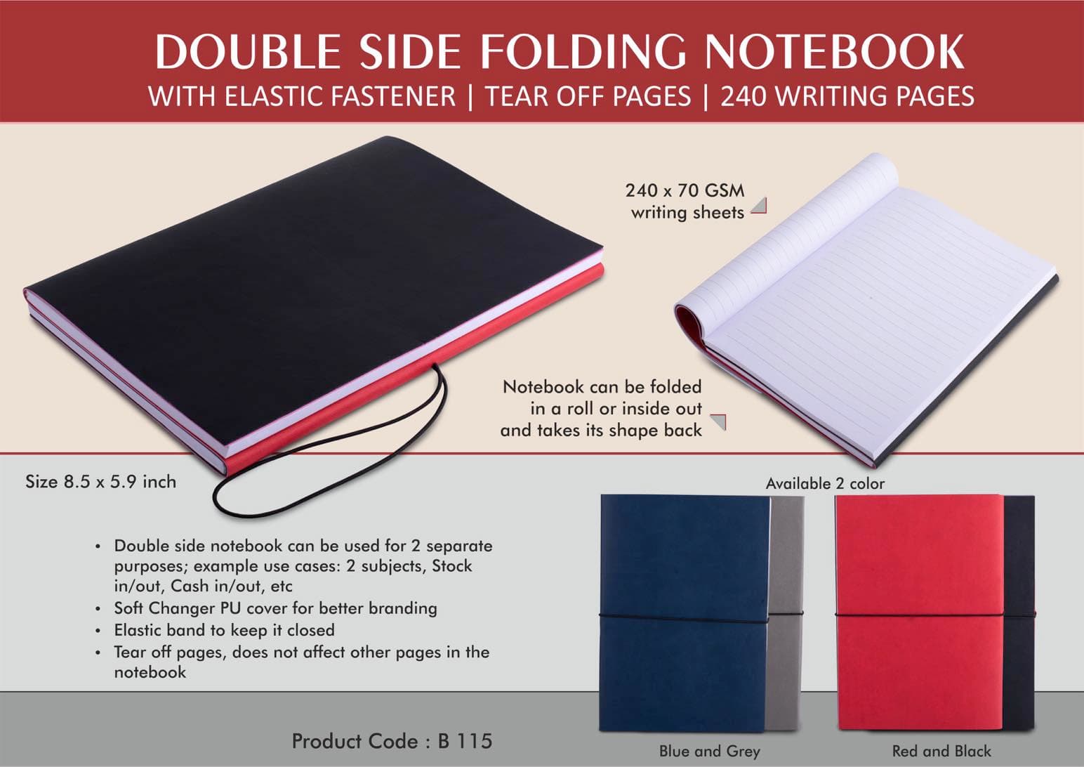 Double side folding notebook with Elastic Fastener