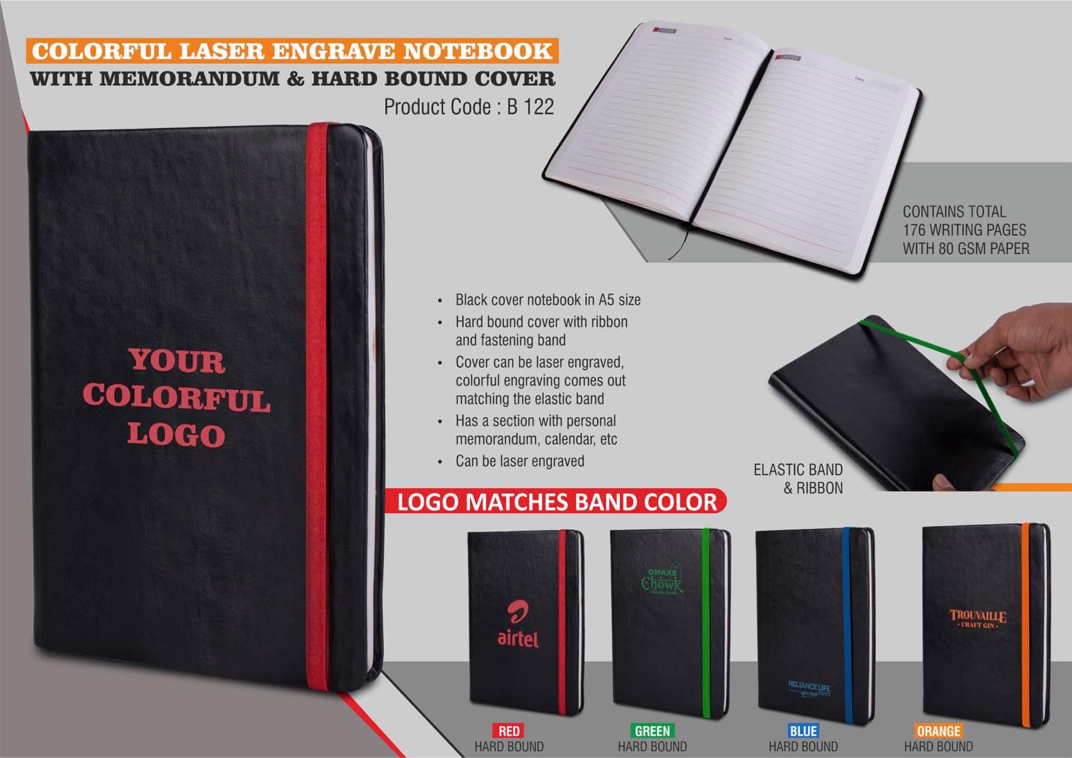 Colorful Laser engrave notebook with Memorandum & Hard bound cover