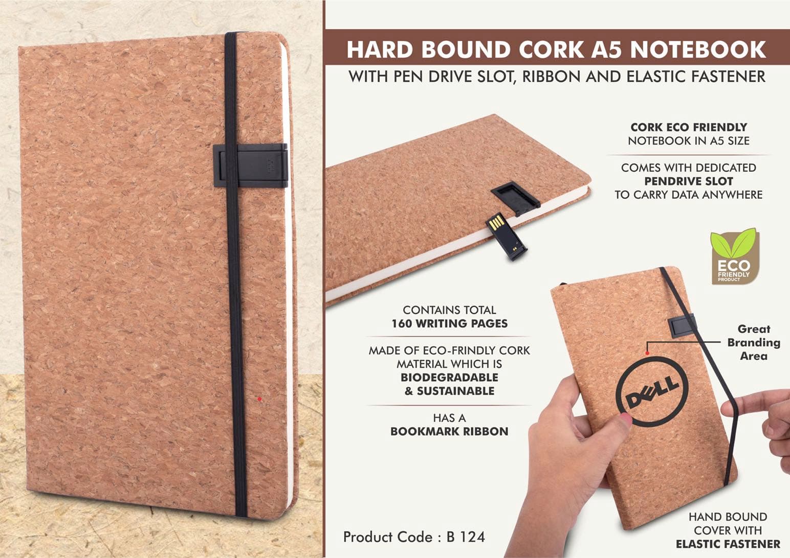 Hard bound Cork A5 notebook with Pen Drive Slot, Ribbon and elastic fastener