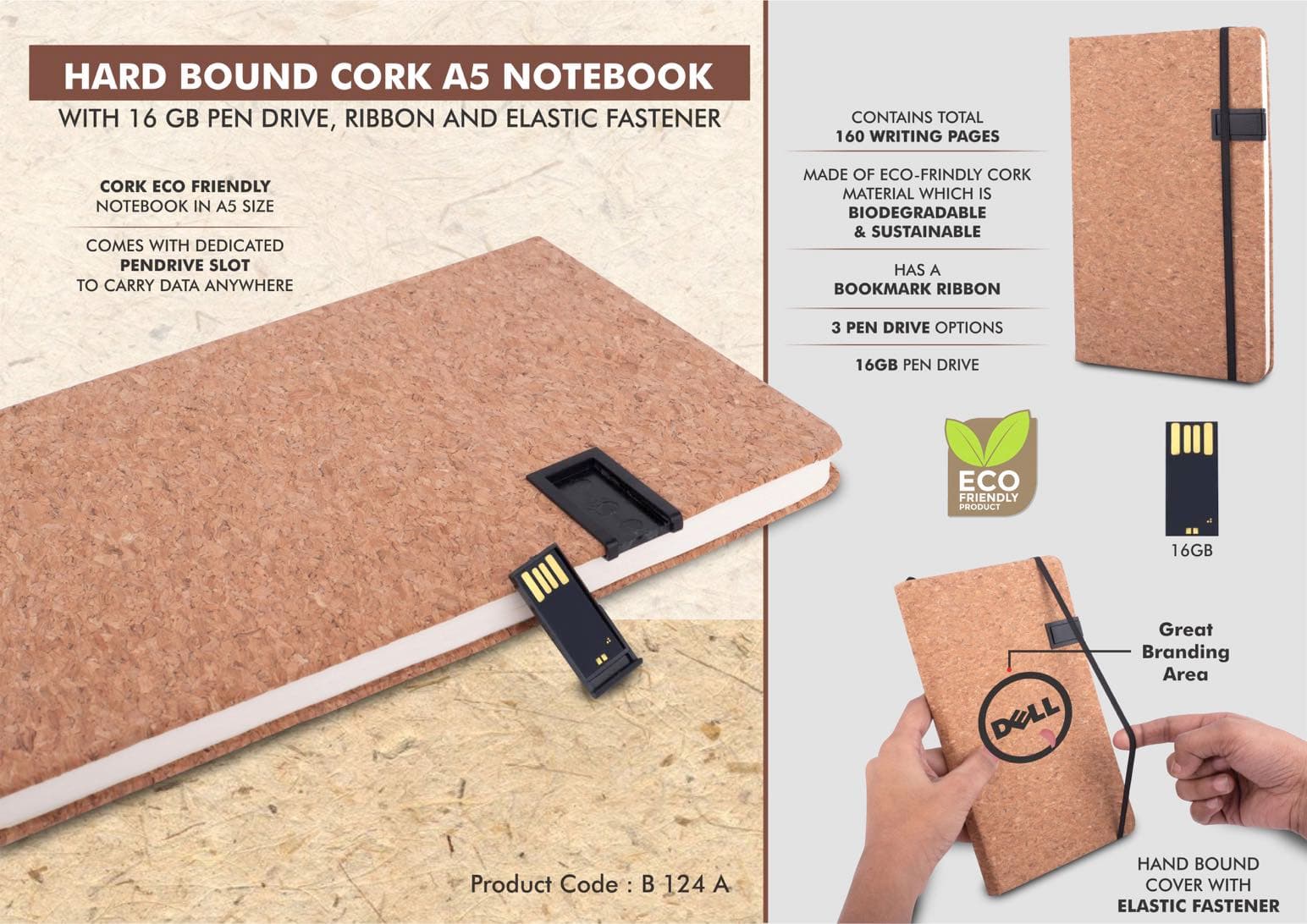 Hard bound Cork A5 notebook with Pen Drive, Ribbon and elastic fastener- 16 GB USB drive :
