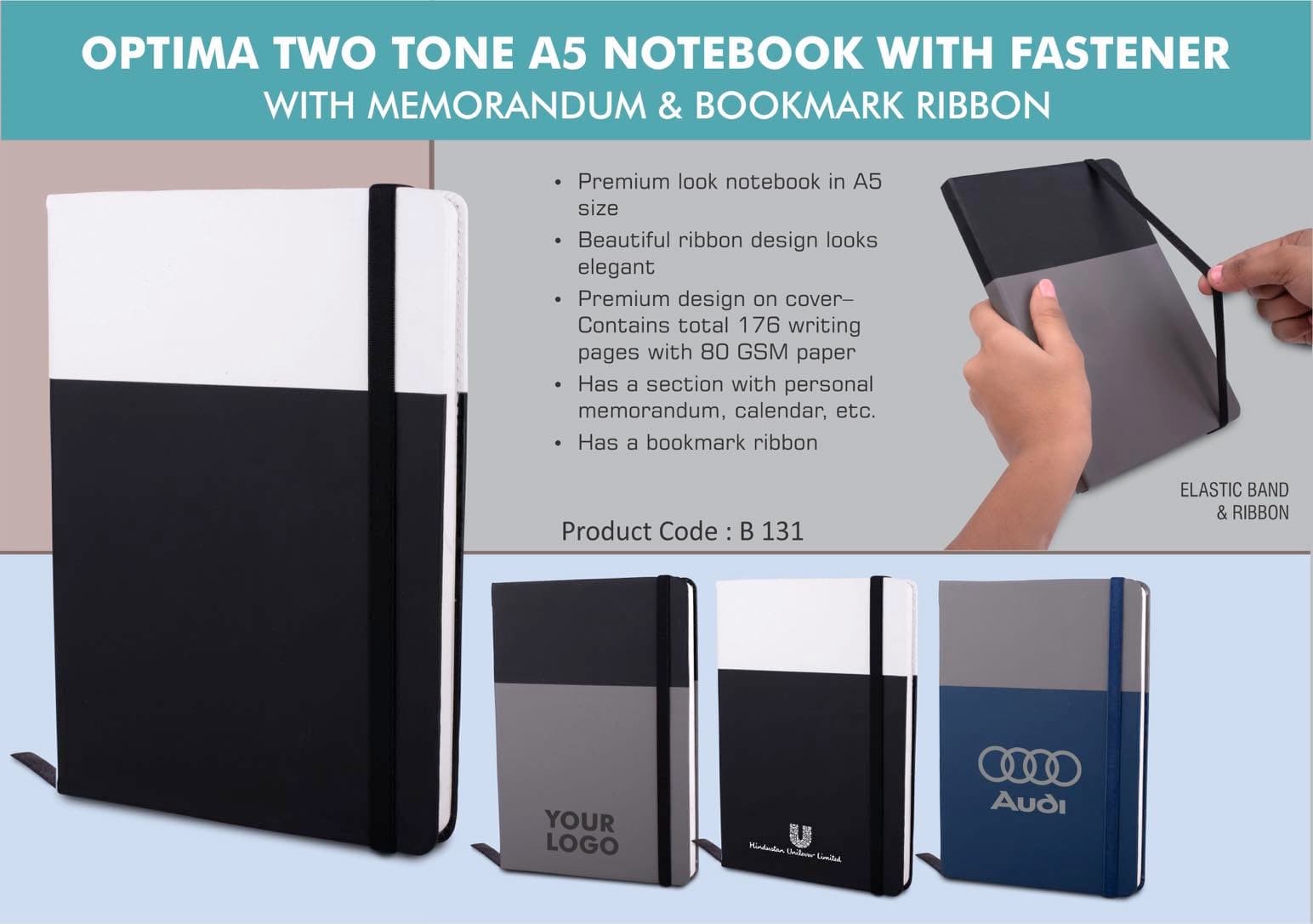 Optima Two tone A5 notebook with Fastener