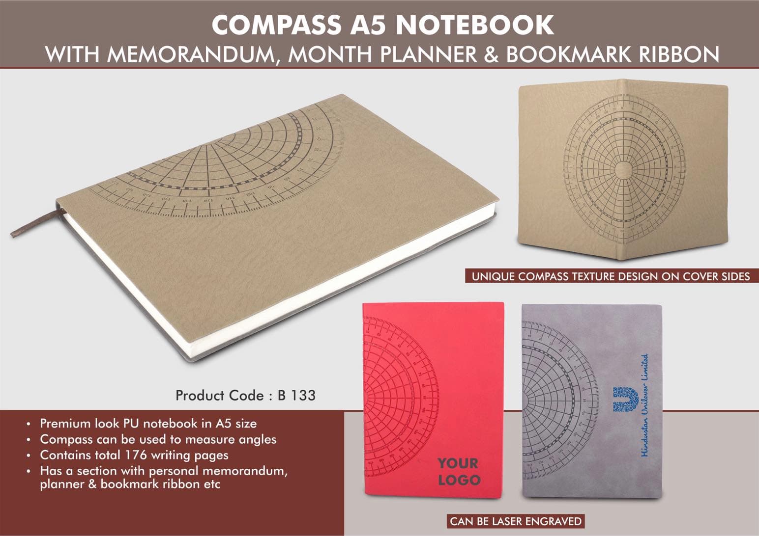Compass A5 notebook with memorandum, month planner & bookmark ribbon