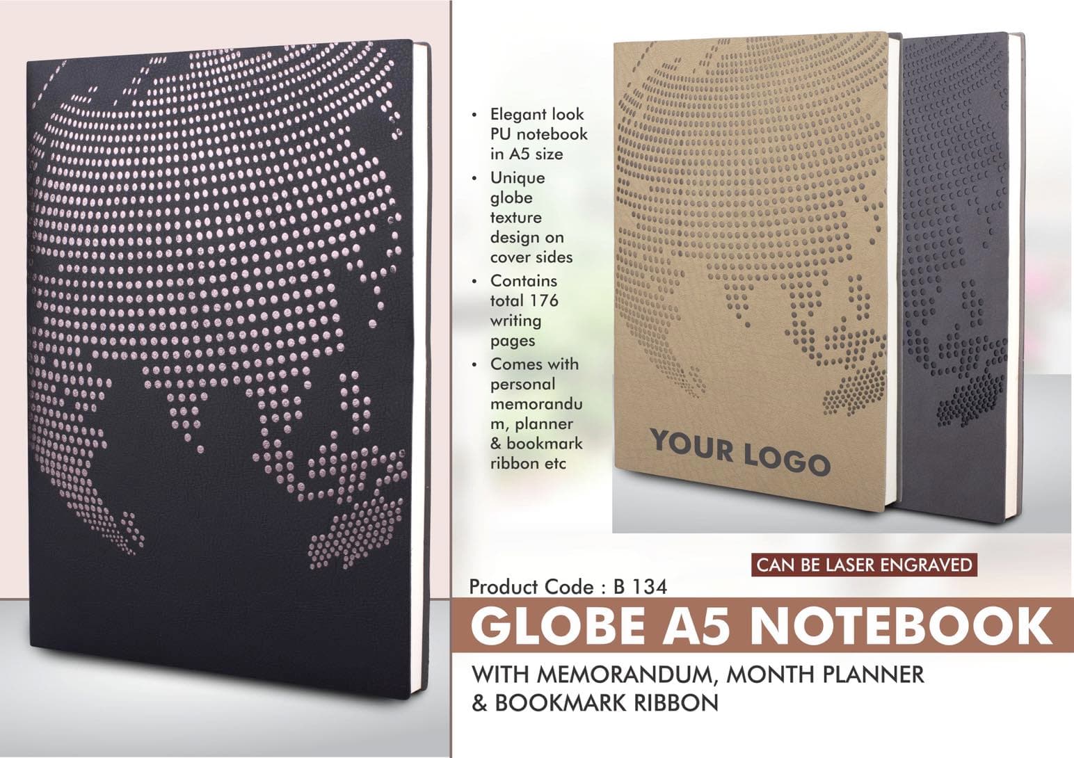 Globe A5 notebook with memorandum, month planner & bookmark ribbon
