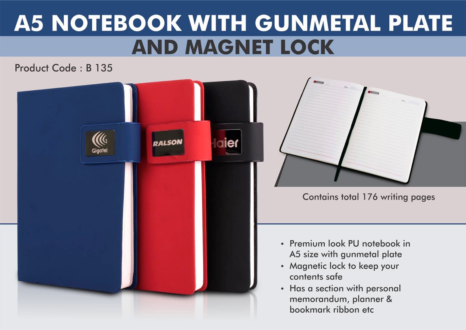 A5 Notebook with Gunmetal plate and Magnet lock
