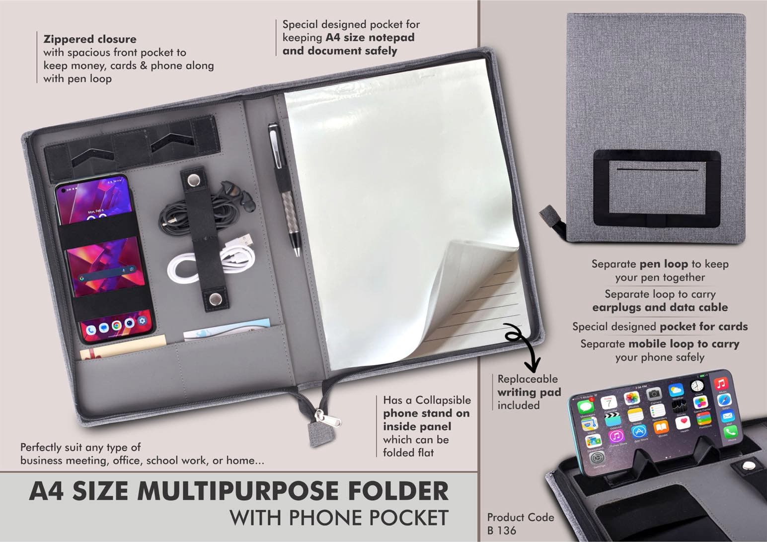 A4 size multipurpose folder with Writing pad and phone pocket