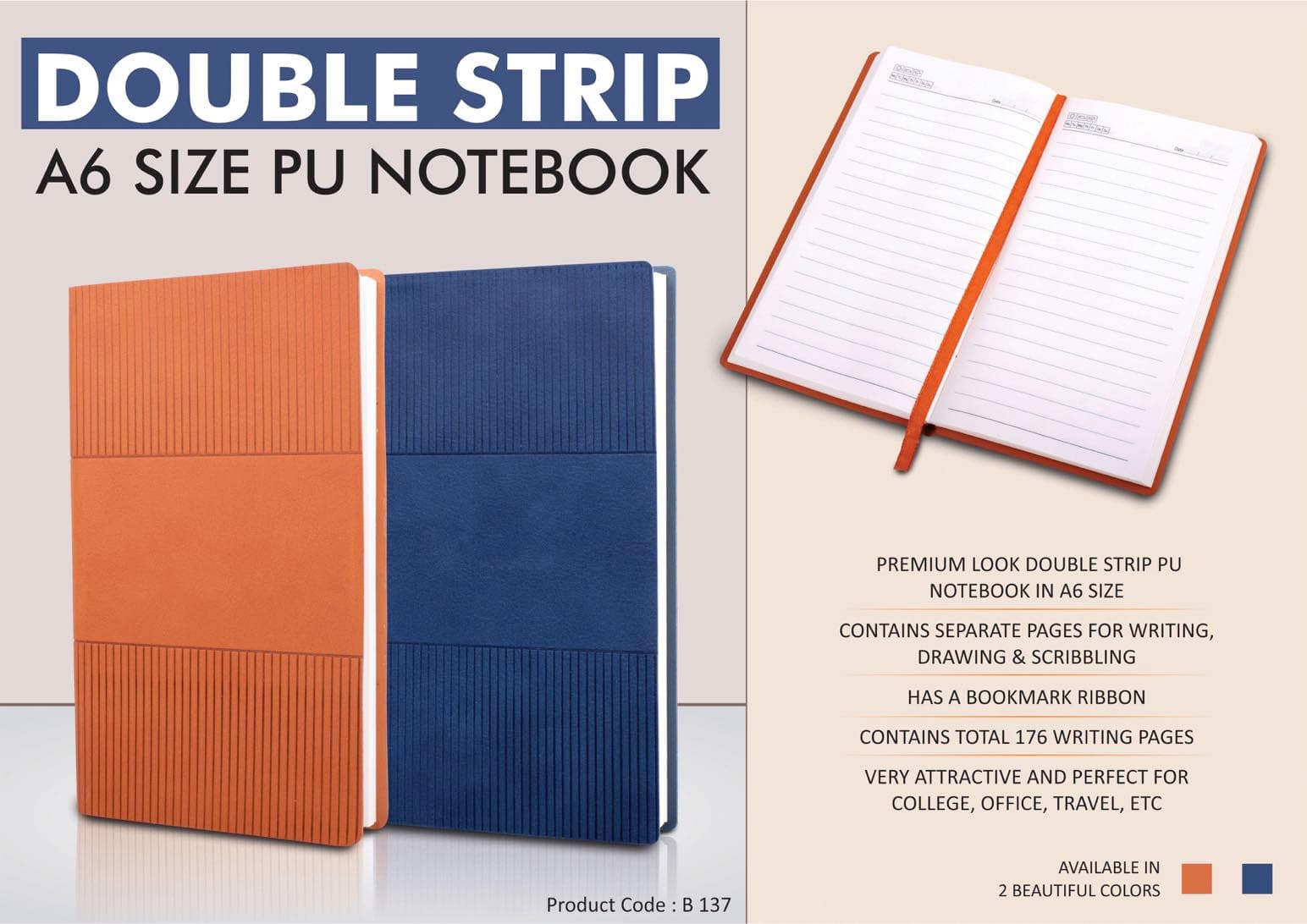 Double strip A6 size PU notebook